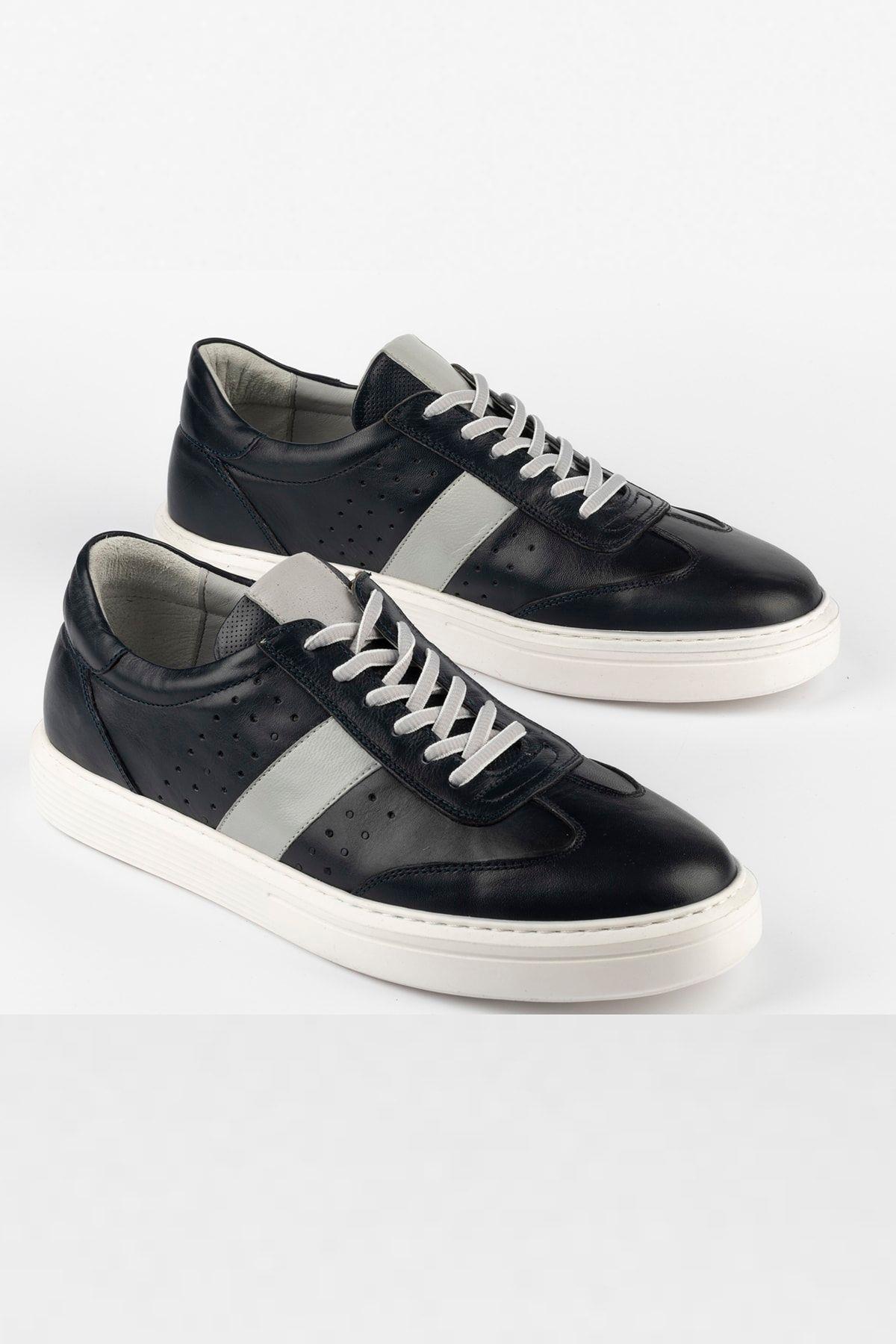 Hakiki Deri Erkek Bağcıklı Lacivert Günlük Sneaker Ayakkabı