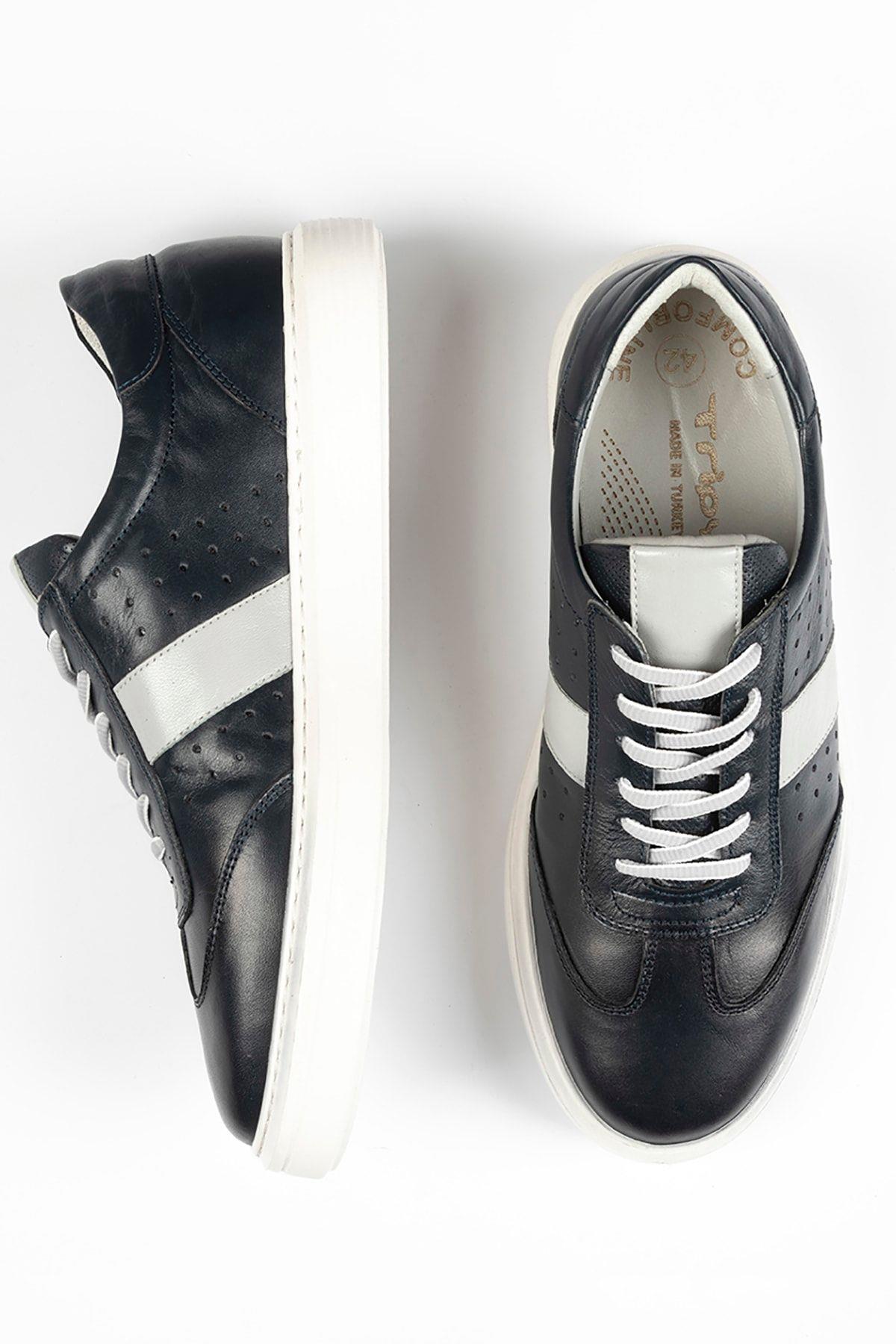 Hakiki Deri Erkek Bağcıklı Lacivert Günlük Sneaker Ayakkabı