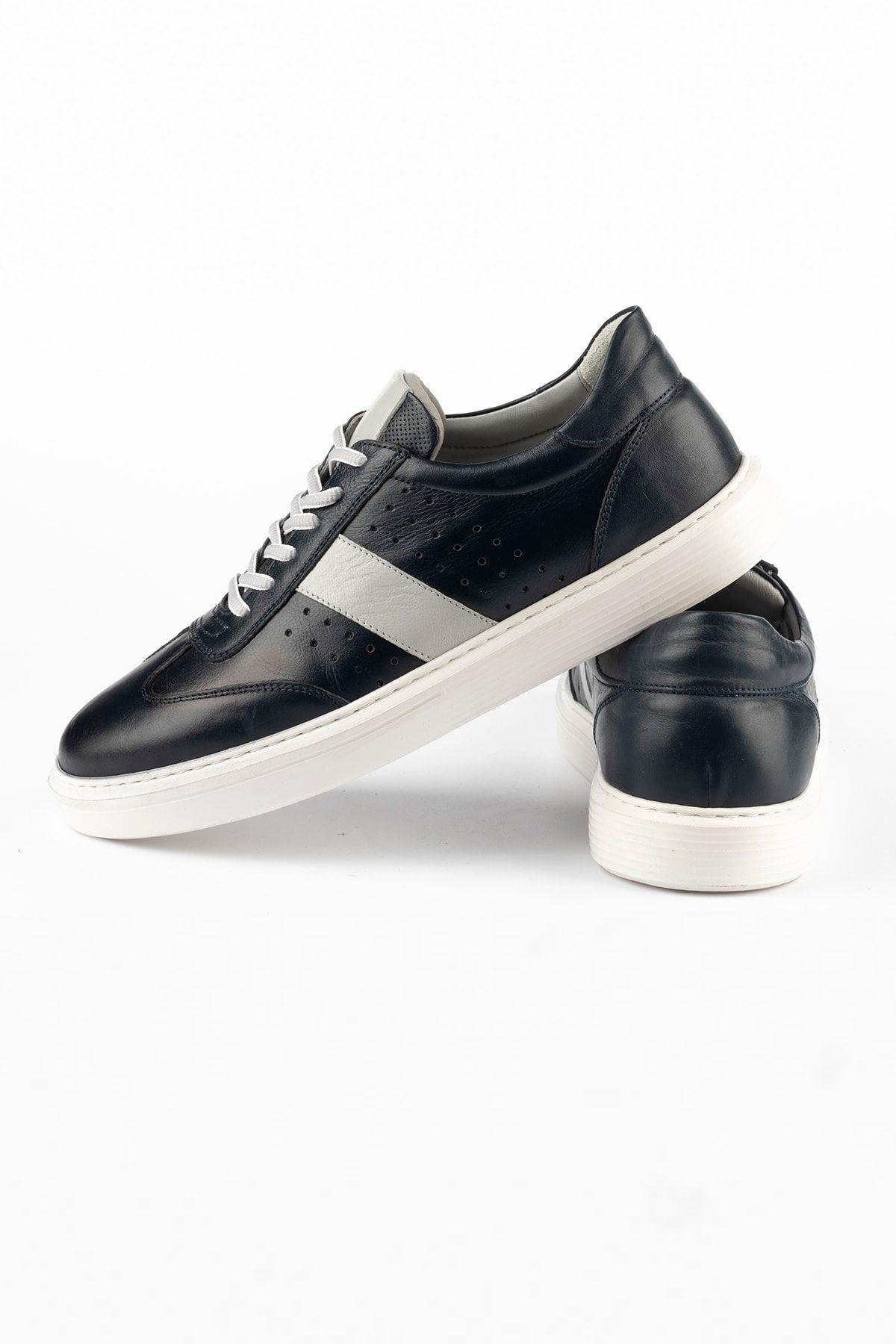 Hakiki Deri Erkek Bağcıklı Lacivert Günlük Sneaker Ayakkabı