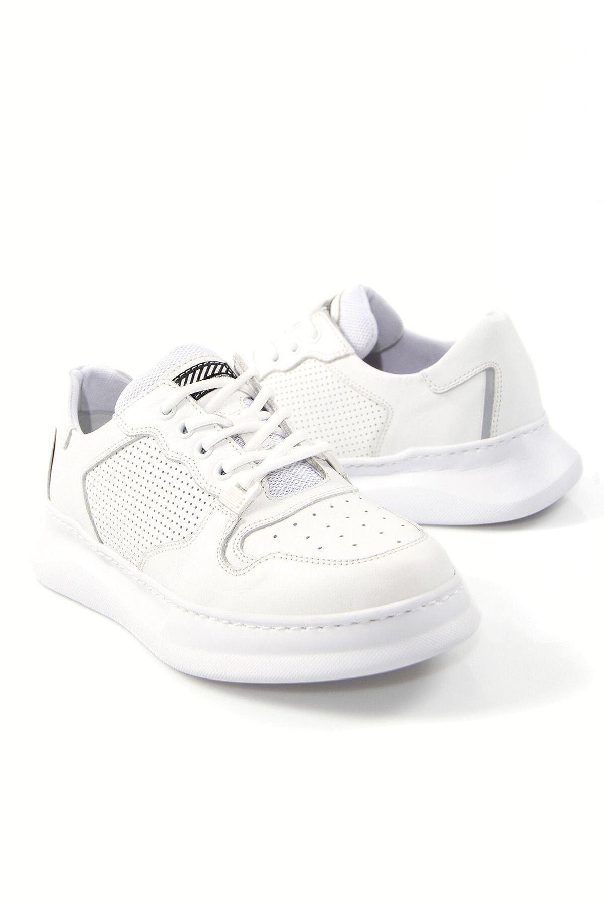 Hakiki Deri Erkek Kalın Taban Günlük Beyaz Sneaker Ayakkabı Rotej