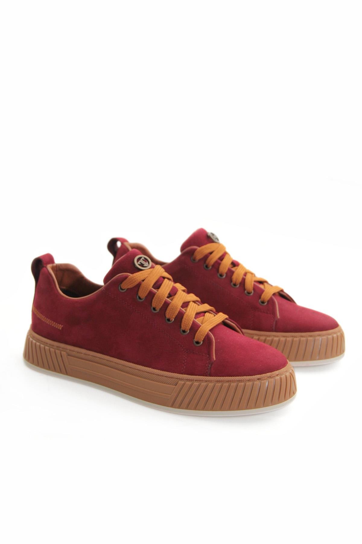 Tripy Hakiki Deri Erkek Bağcıklı Bordo Nubuk Sneaker Ayakkabı Wesley