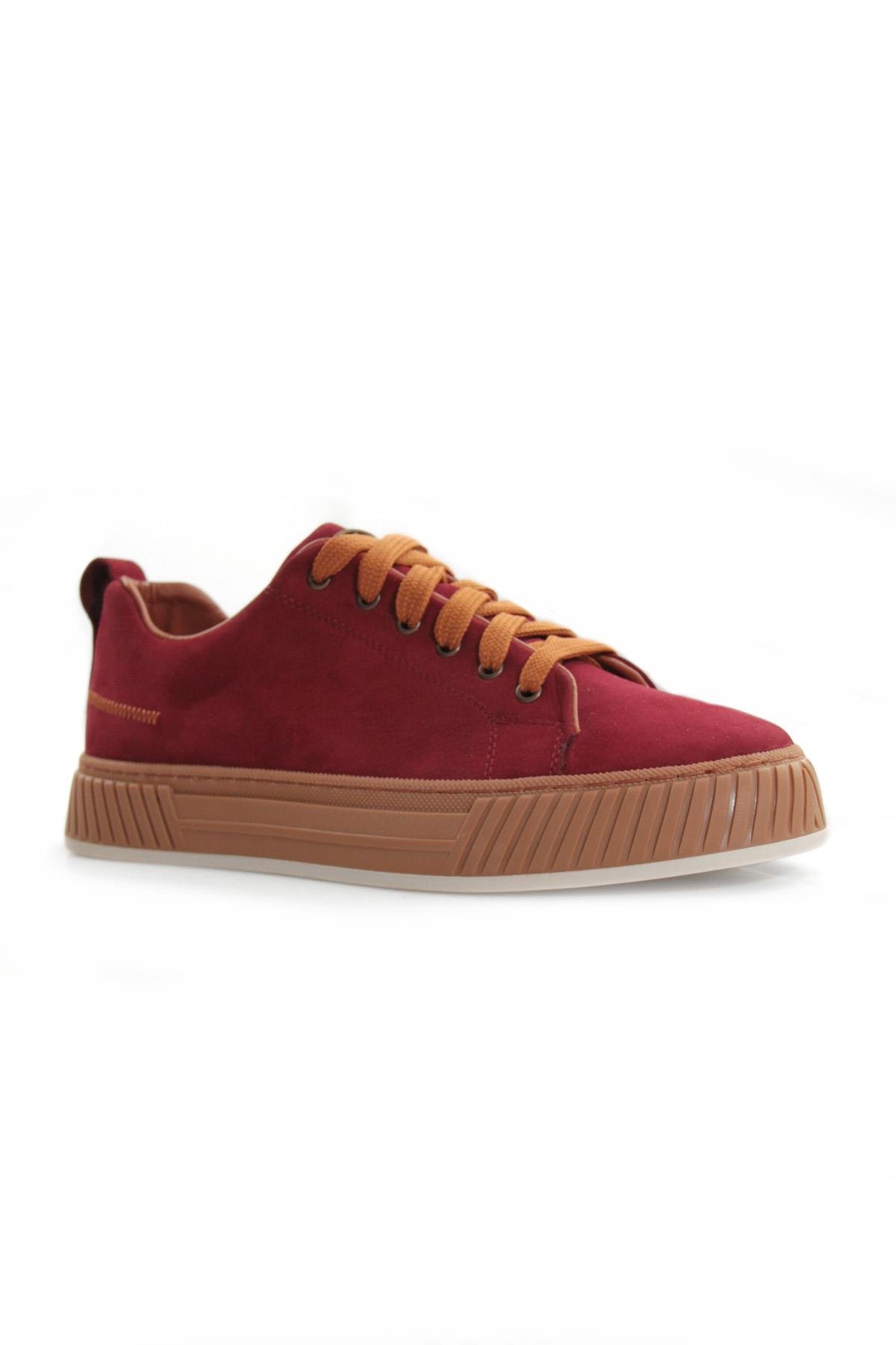 Tripy Hakiki Deri Erkek Bağcıklı Bordo Nubuk Sneaker Ayakkabı Wesley
