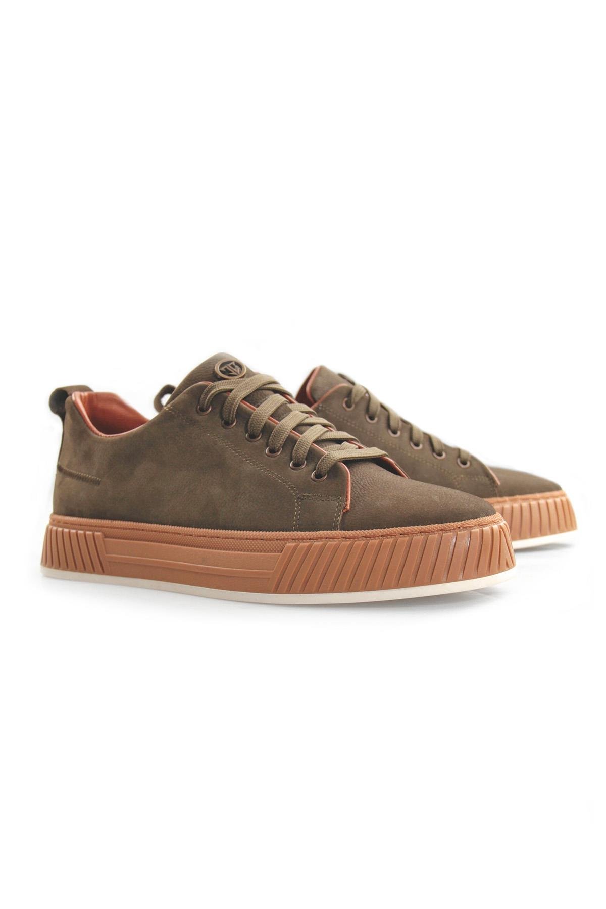 Tripy Hakiki Deri Erkek Bağcıklı Haki Nubuk Sneaker Ayakkabı Wesley