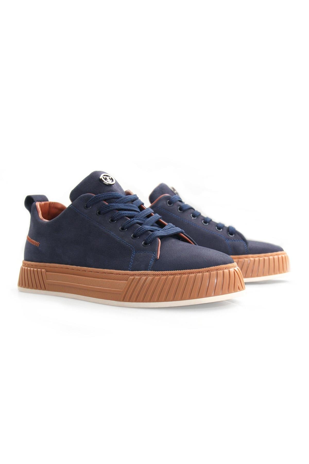 Tripy Hakiki Deri Erkek Bağcıklı Lacivert Nubuk Sneaker Ayakkabı Wesley