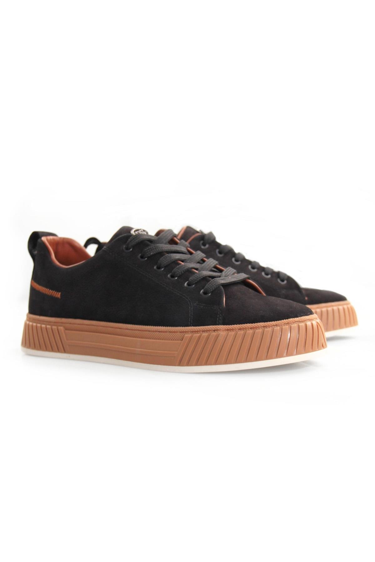 Tripy Hakiki Deri Erkek Bağcıklı Siyah Nubuk Sneaker Ayakkabı Wesley