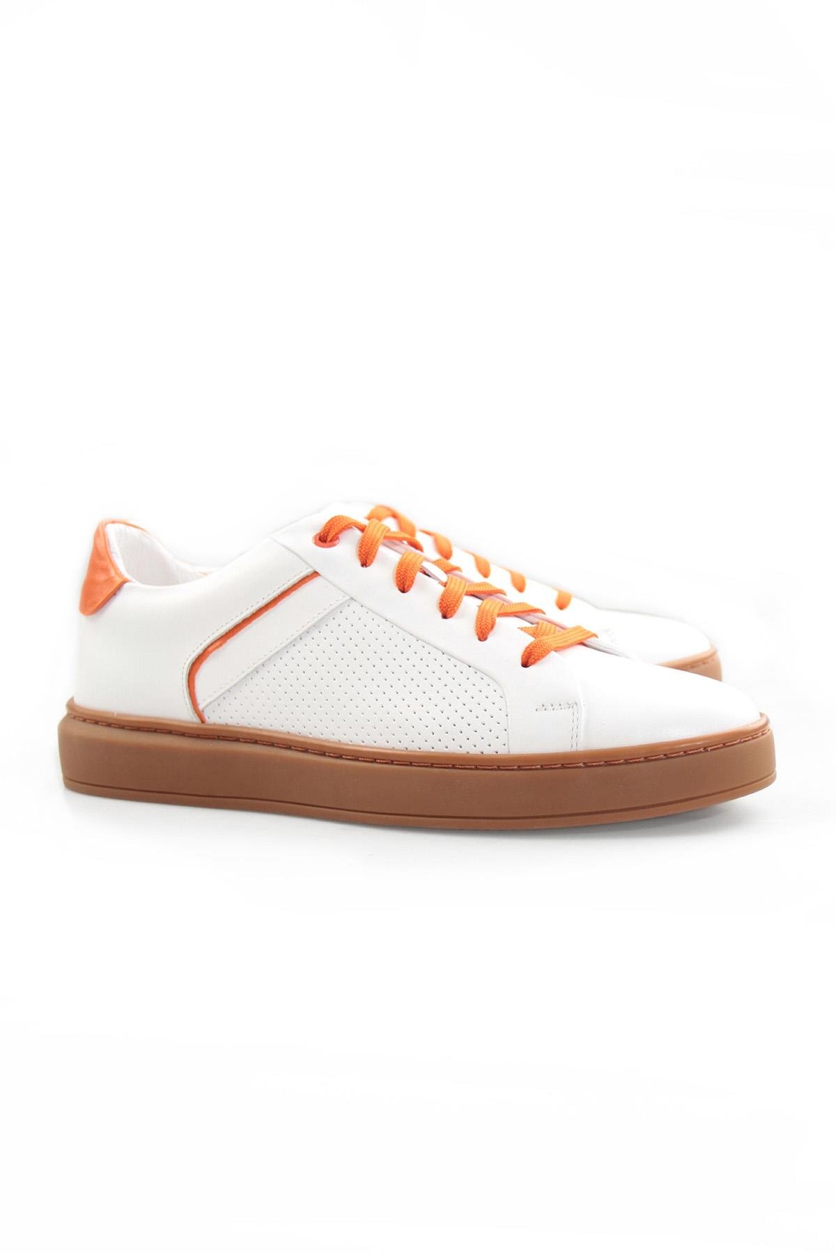 Tripy Hakiki Deri Erkek Beyaz Turuncu Bağcıklı Sneaker Ayakkabı London