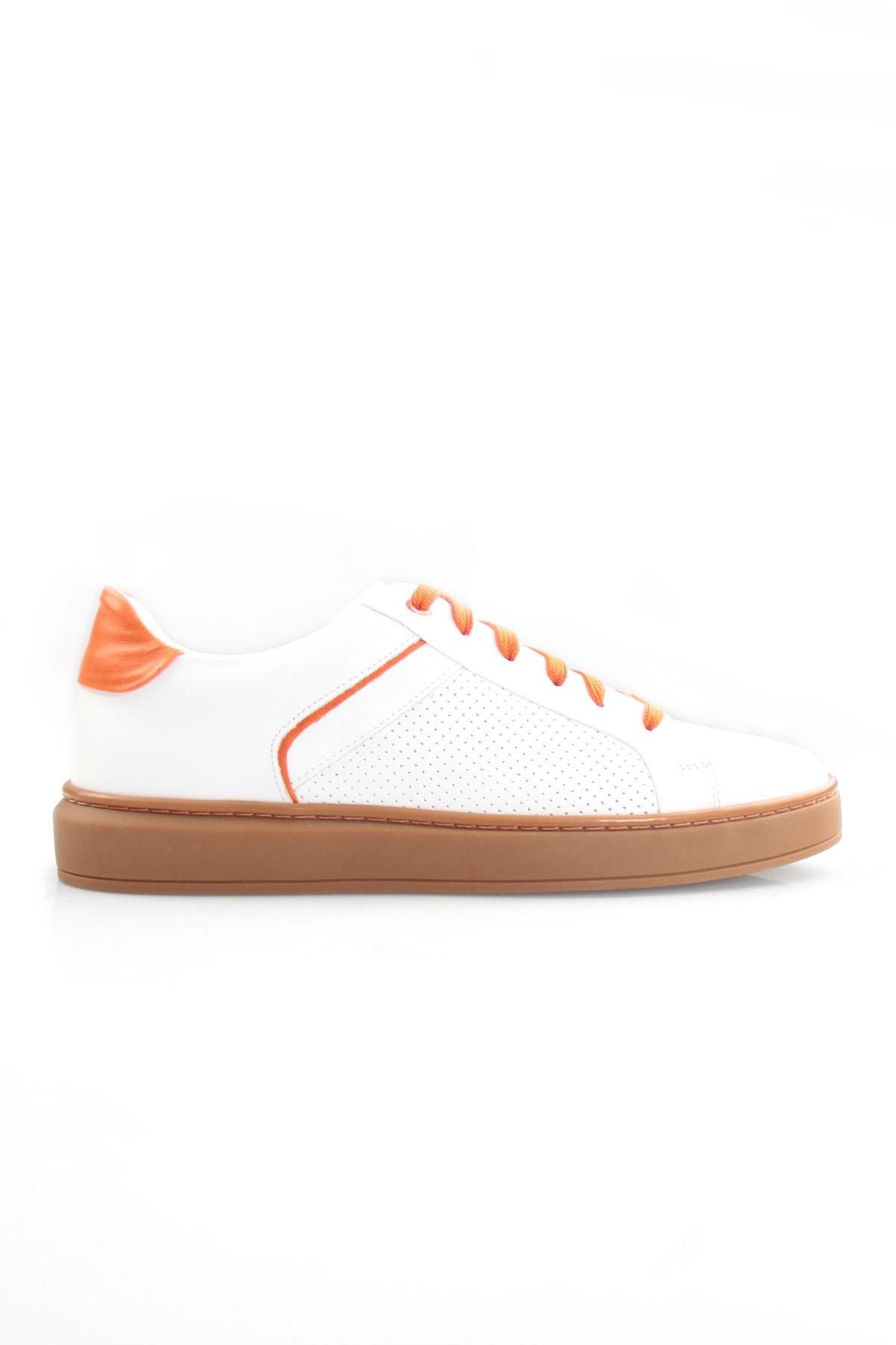 Tripy Hakiki Deri Erkek Beyaz Turuncu Bağcıklı Sneaker Ayakkabı London