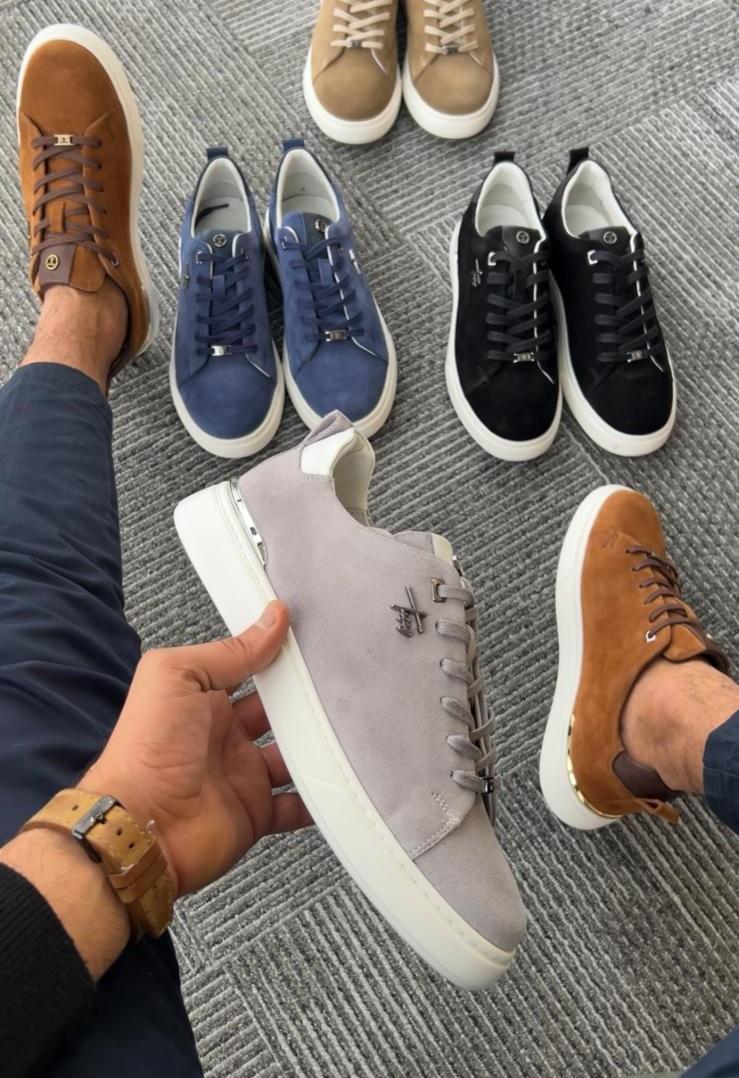 Tripy Hakiki Deri Erkek Gri Süet Bağcıklı Sneaker Ayakkabı