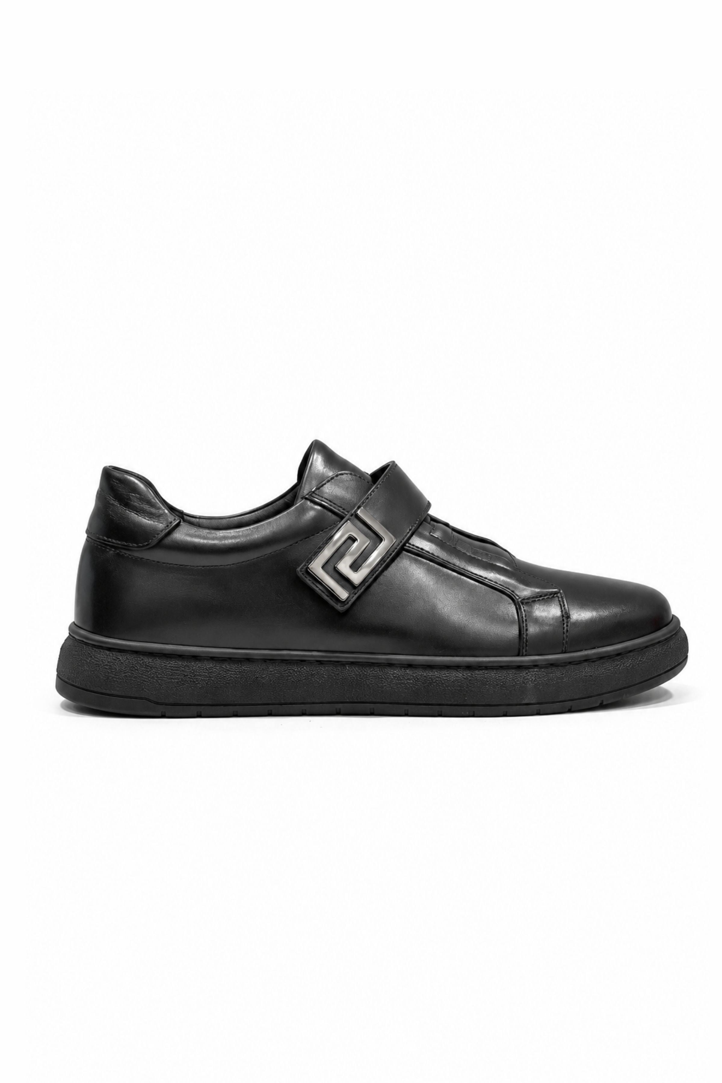 Tripy Hakiki Deri Erkek Lastikli Cırt Detaylı Siyah Sneaker Ayakkabı Jerry