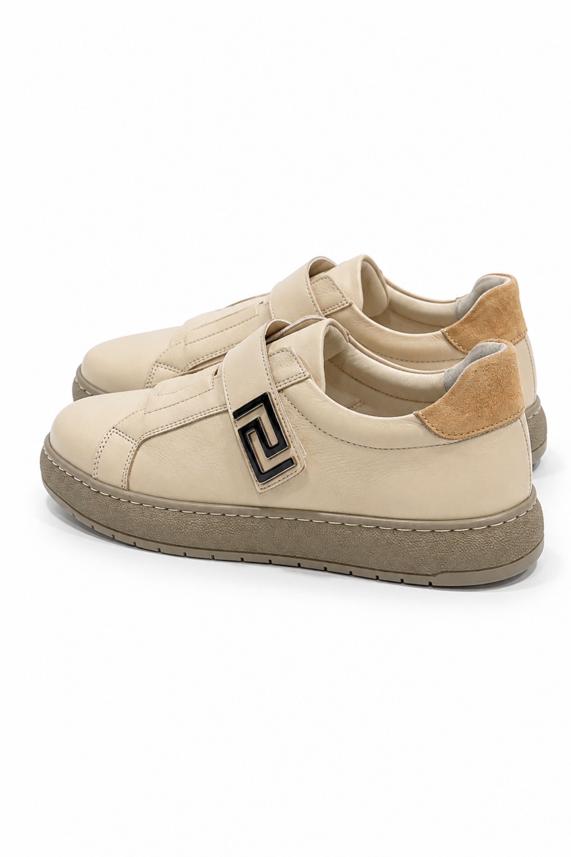 Tripy Hakiki Deri Erkek Lastikli Cırt Detaylı Bej Sneaker Ayakkabı Jerry