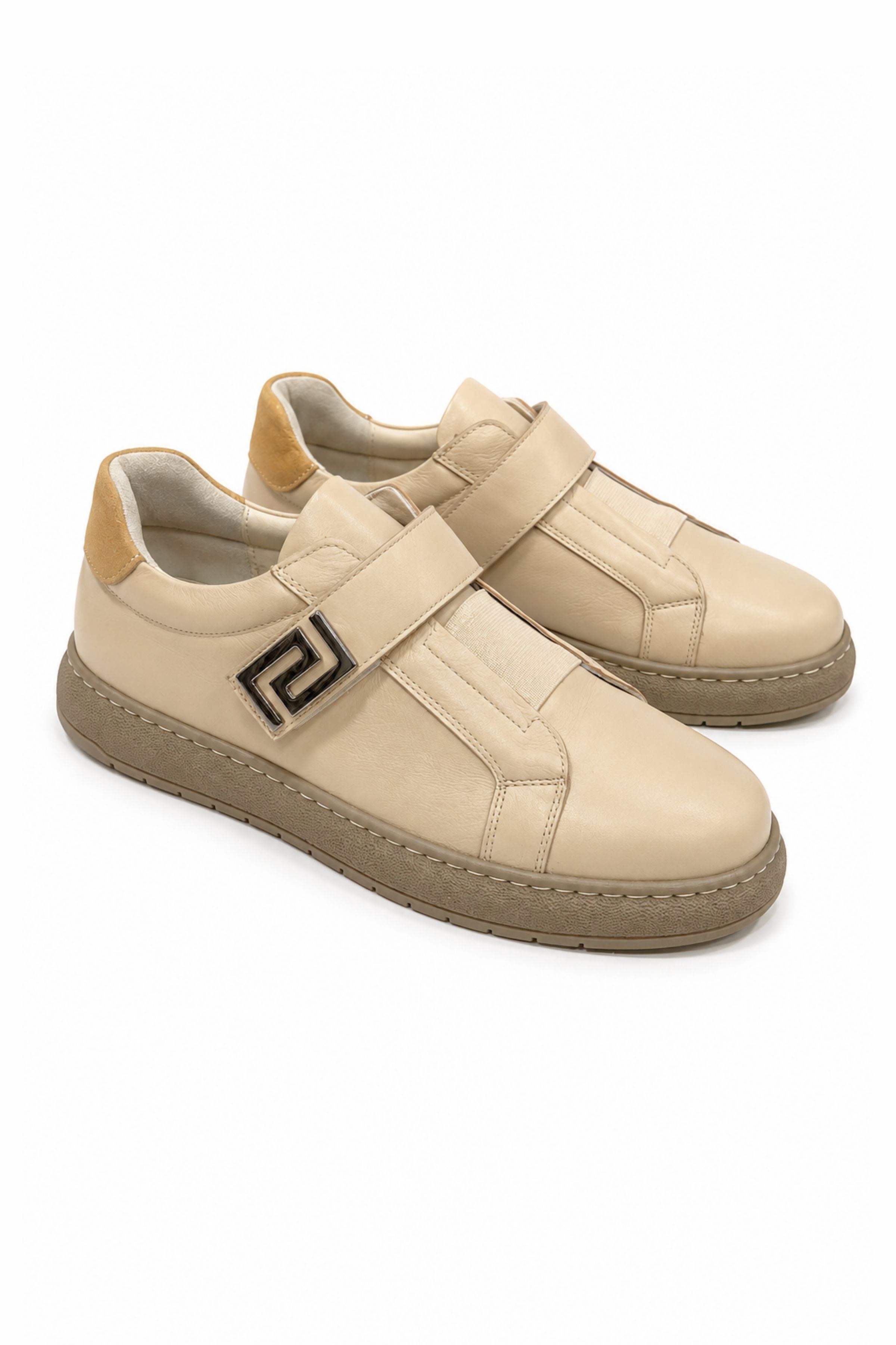 Tripy Hakiki Deri Erkek Lastikli Cırt Detaylı Bej Sneaker Ayakkabı Jerry