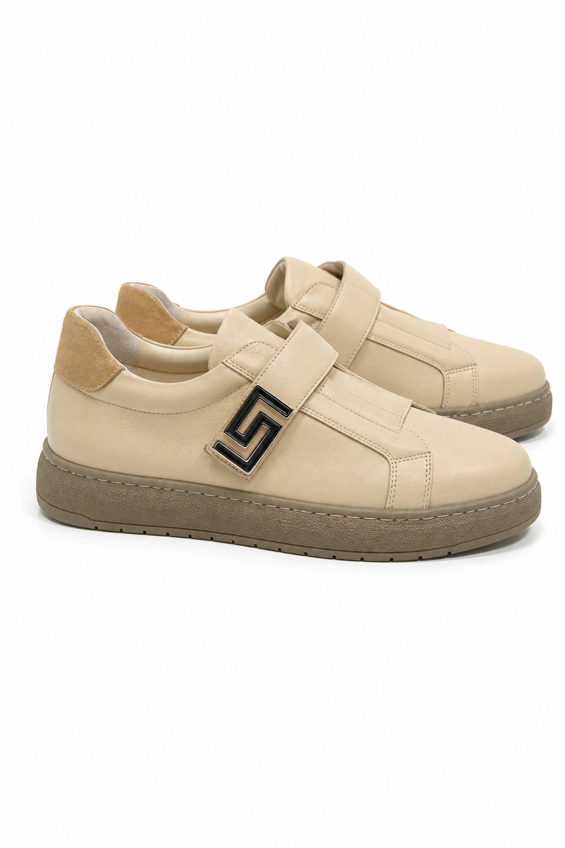 Tripy Hakiki Deri Erkek Lastikli Cırt Detaylı Bej Sneaker Ayakkabı Jerry