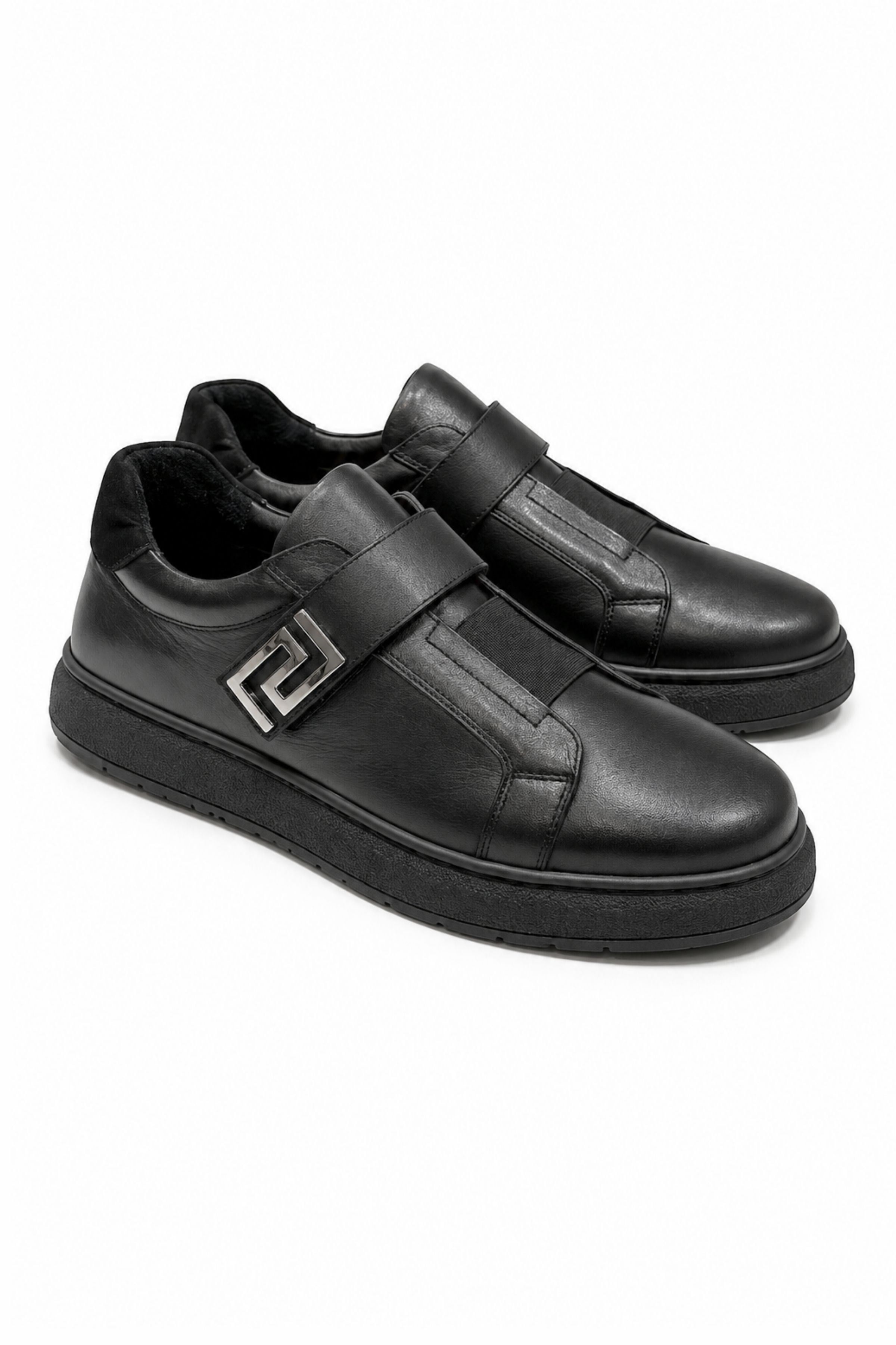 Tripy Hakiki Deri Erkek Lastikli Cırt Detaylı Siyah Sneaker Ayakkabı Jerry
