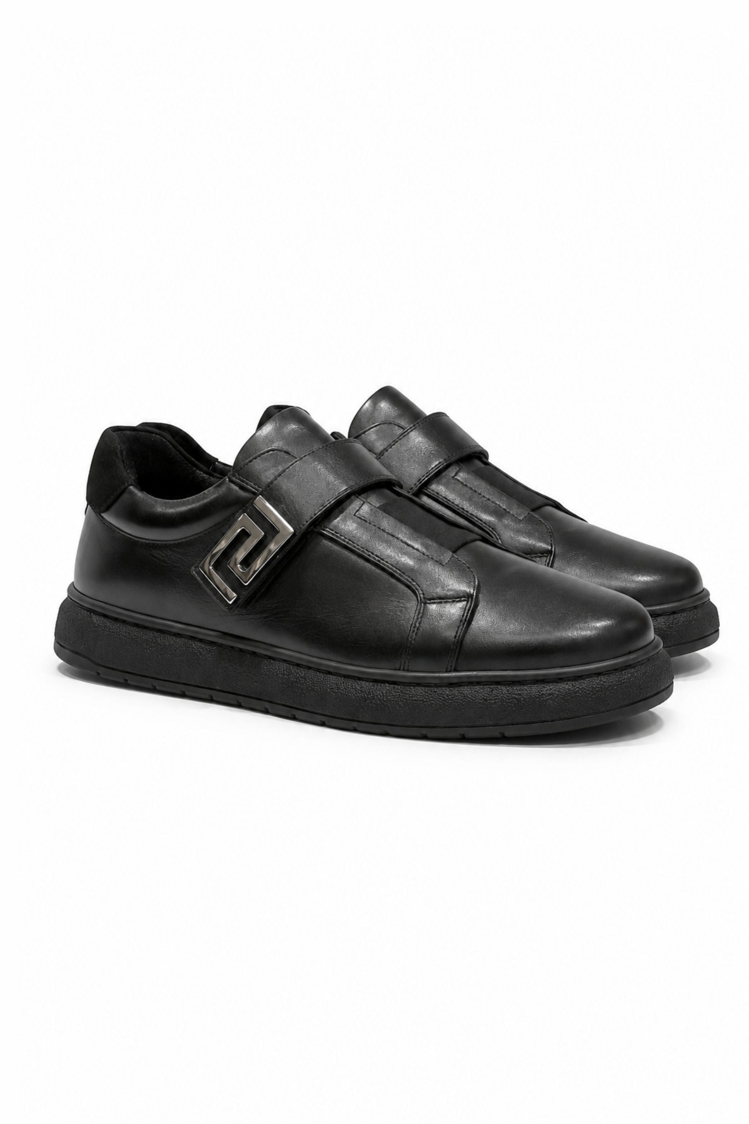Tripy Hakiki Deri Erkek Lastikli Cırt Detaylı Siyah Sneaker Ayakkabı Jerry