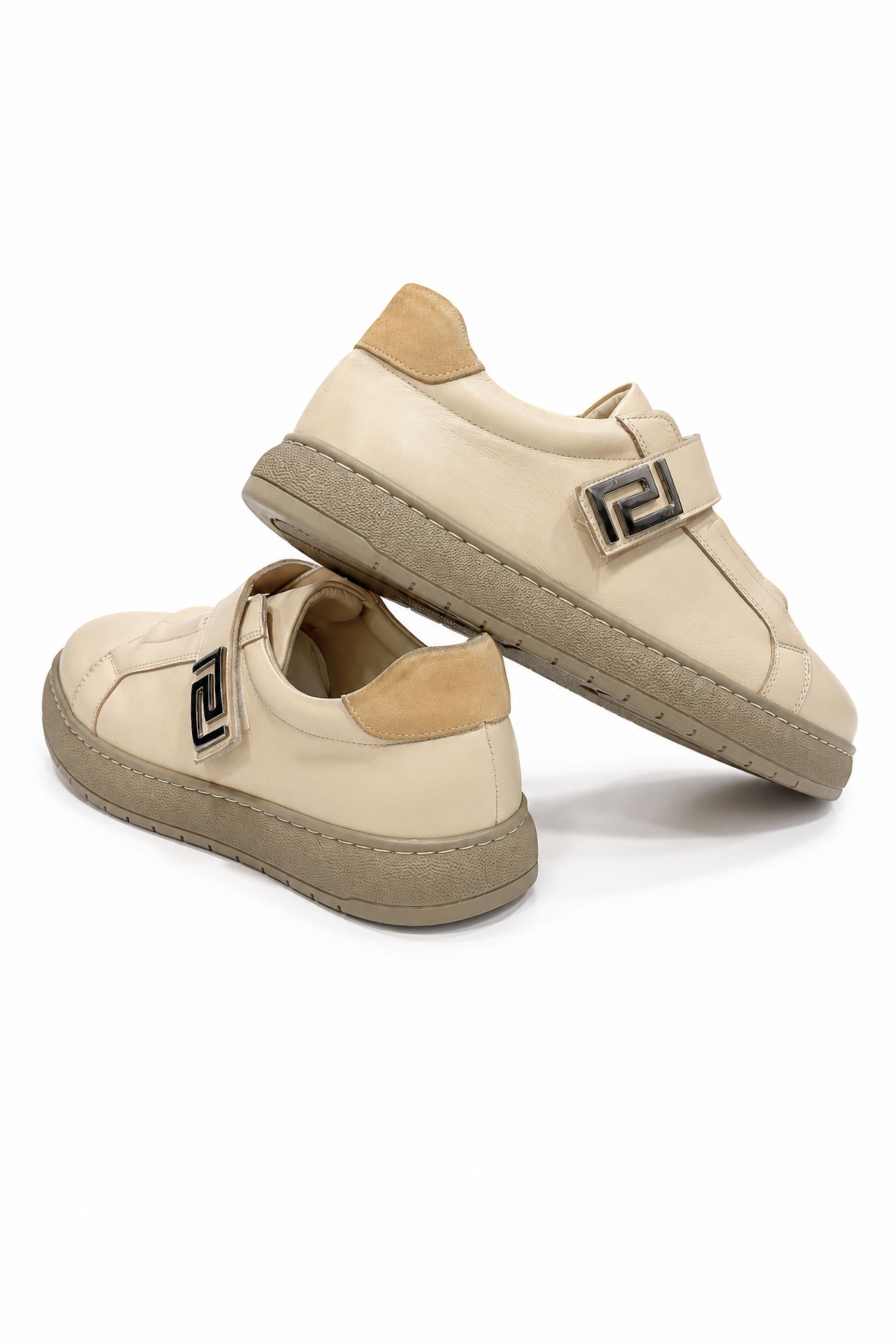 Tripy Hakiki Deri Erkek Lastikli Cırt Detaylı Bej Sneaker Ayakkabı Jerry