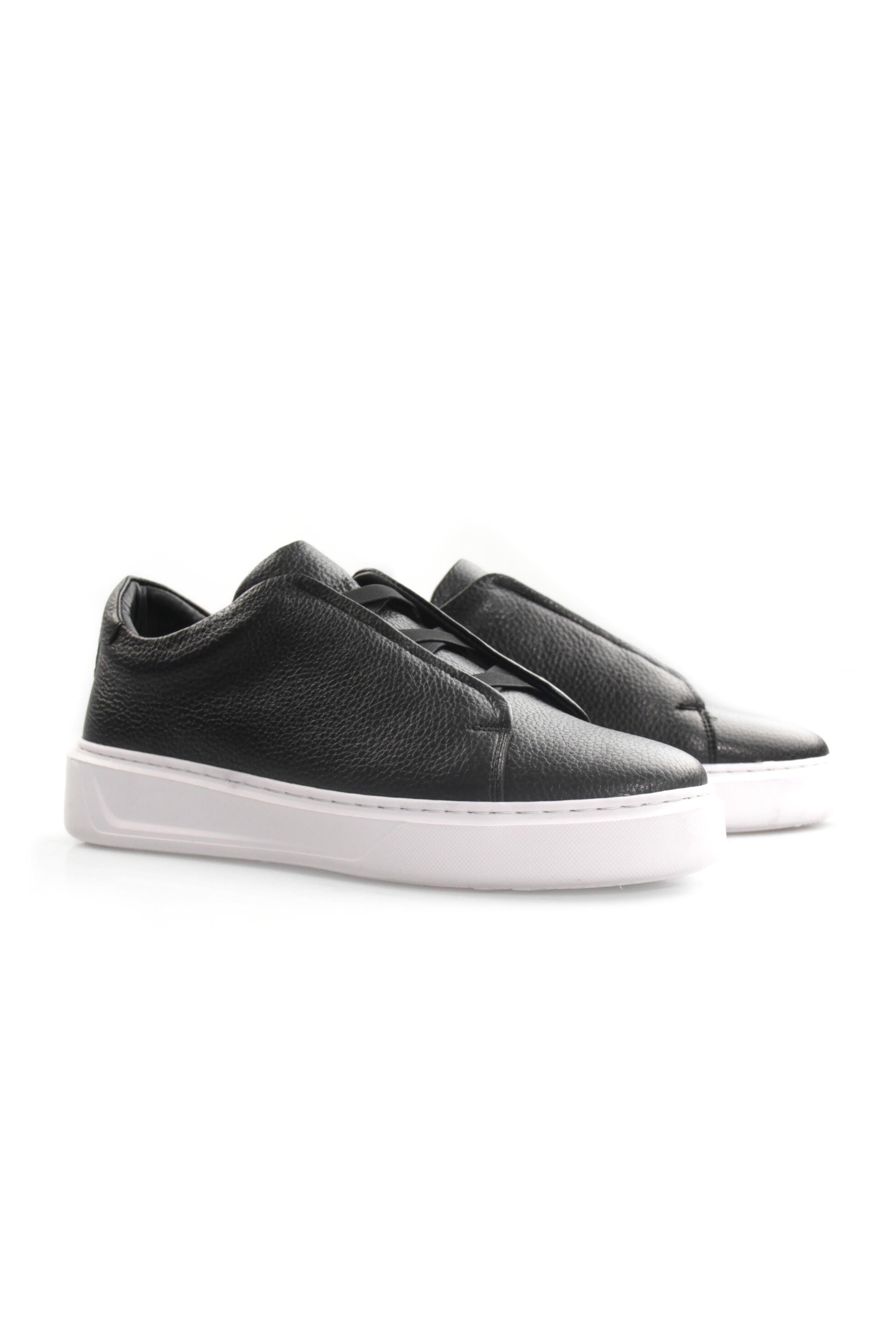 Tripy Hakiki Deri Erkek Lastikli Siyah Sneaker Nick