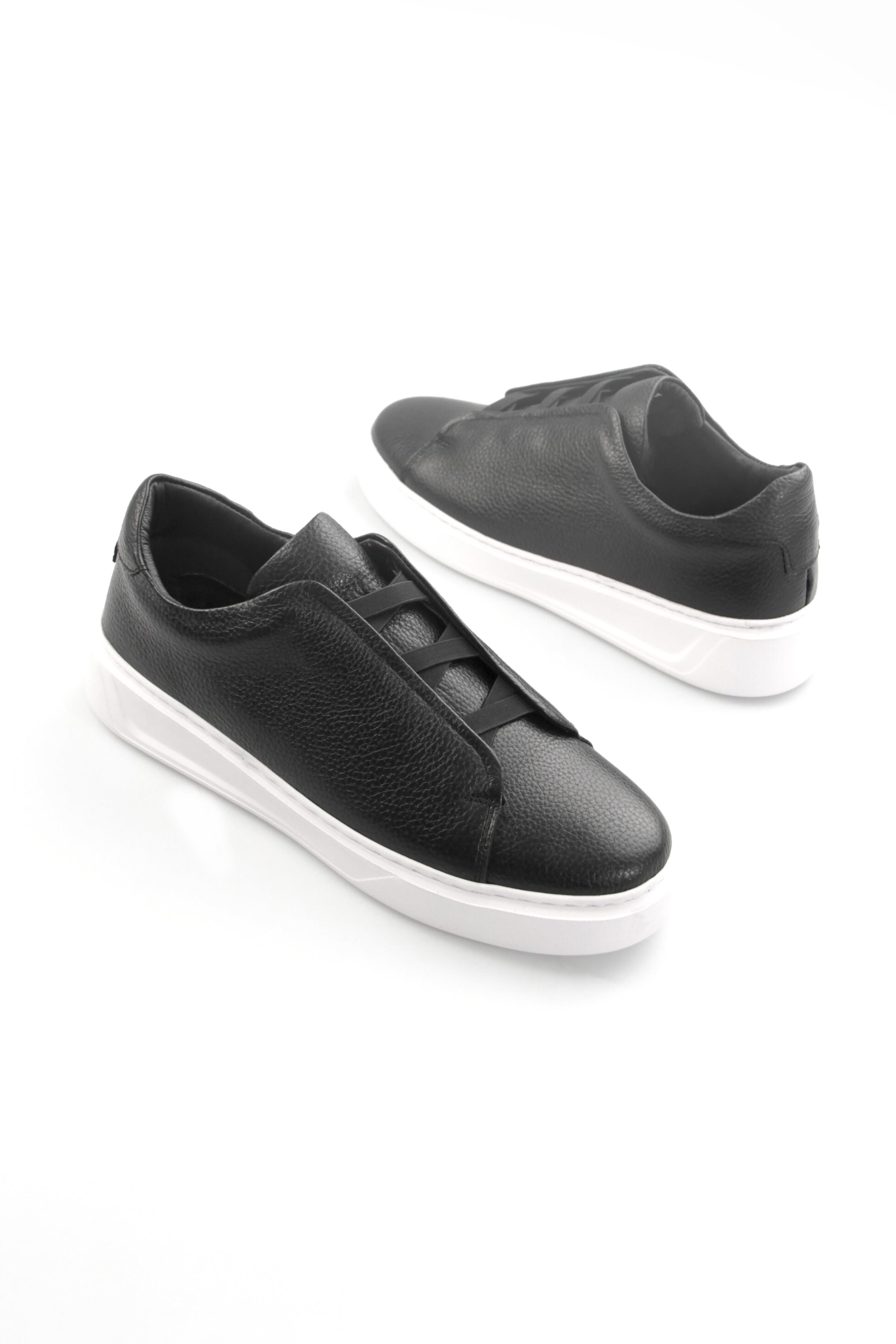 Tripy Hakiki Deri Erkek Lastikli Siyah Sneaker Nick
