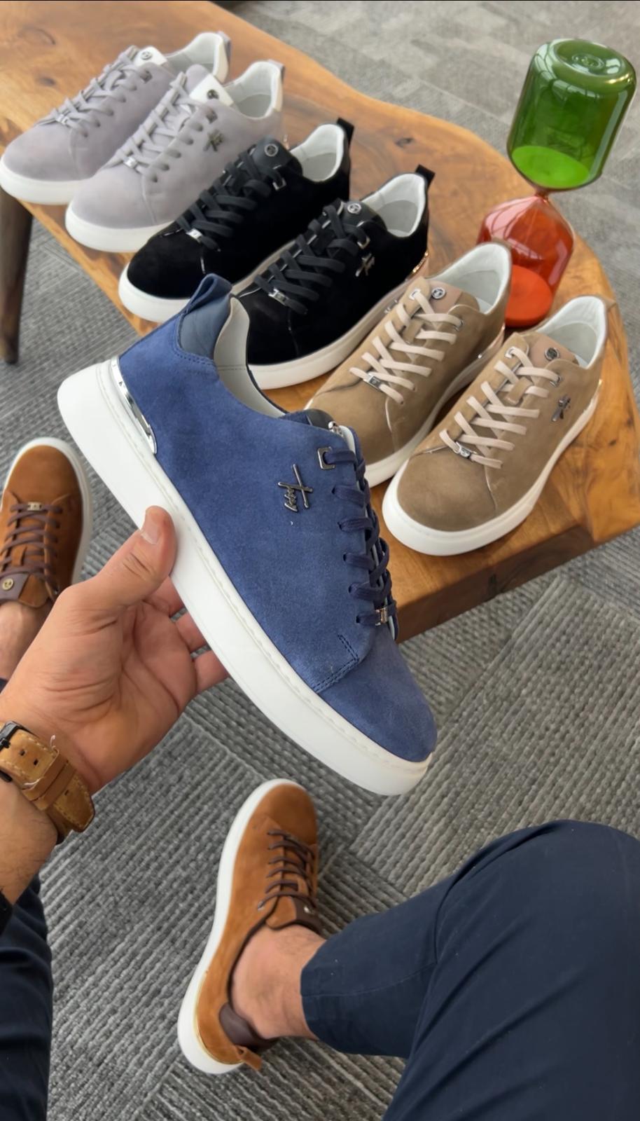 Tripy Hakiki Deri Erkek Mavi Süet Bağcıklı Sneaker Ayakkabı Cedric