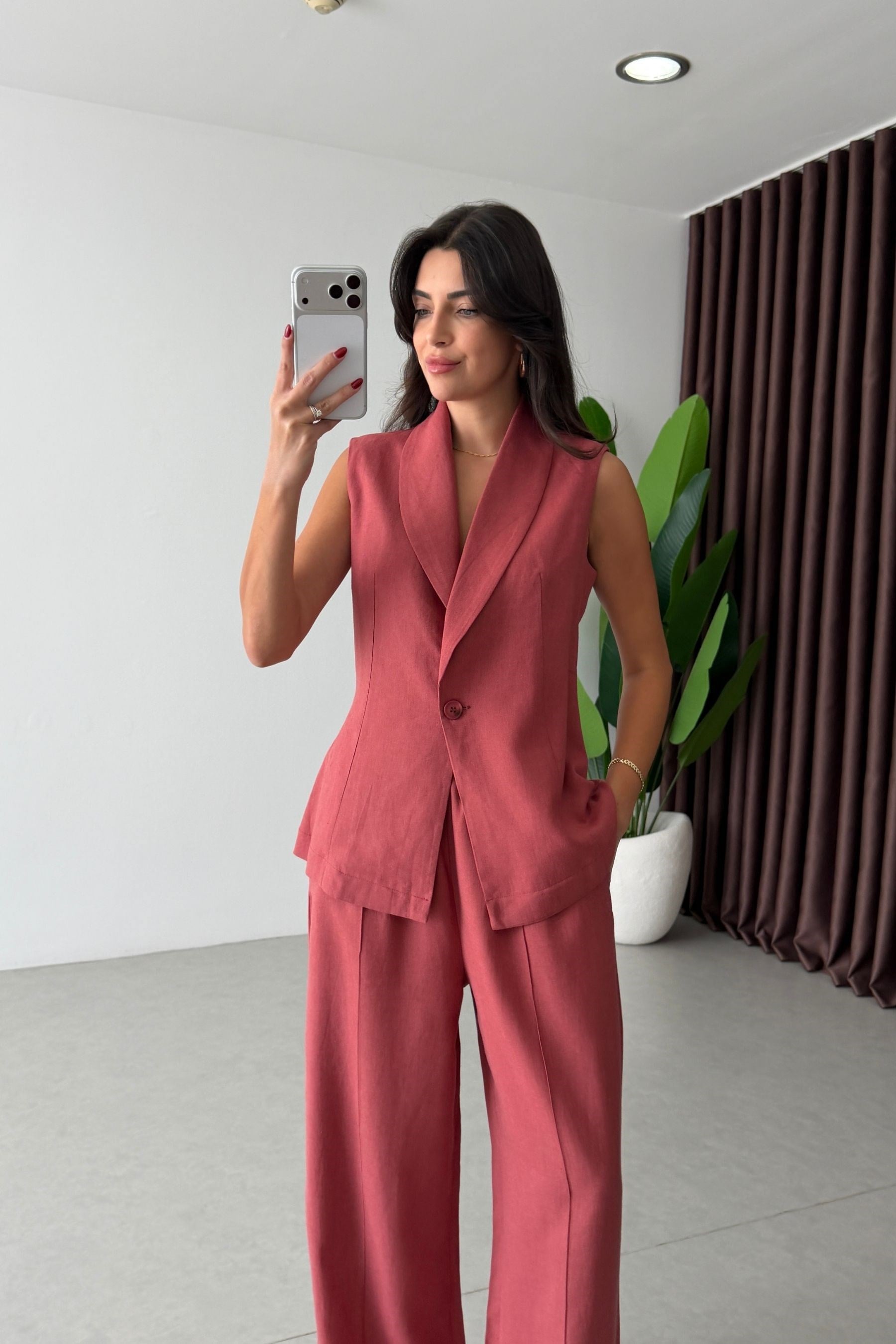 Adore Somon Keten Yelek Pantolon Takım