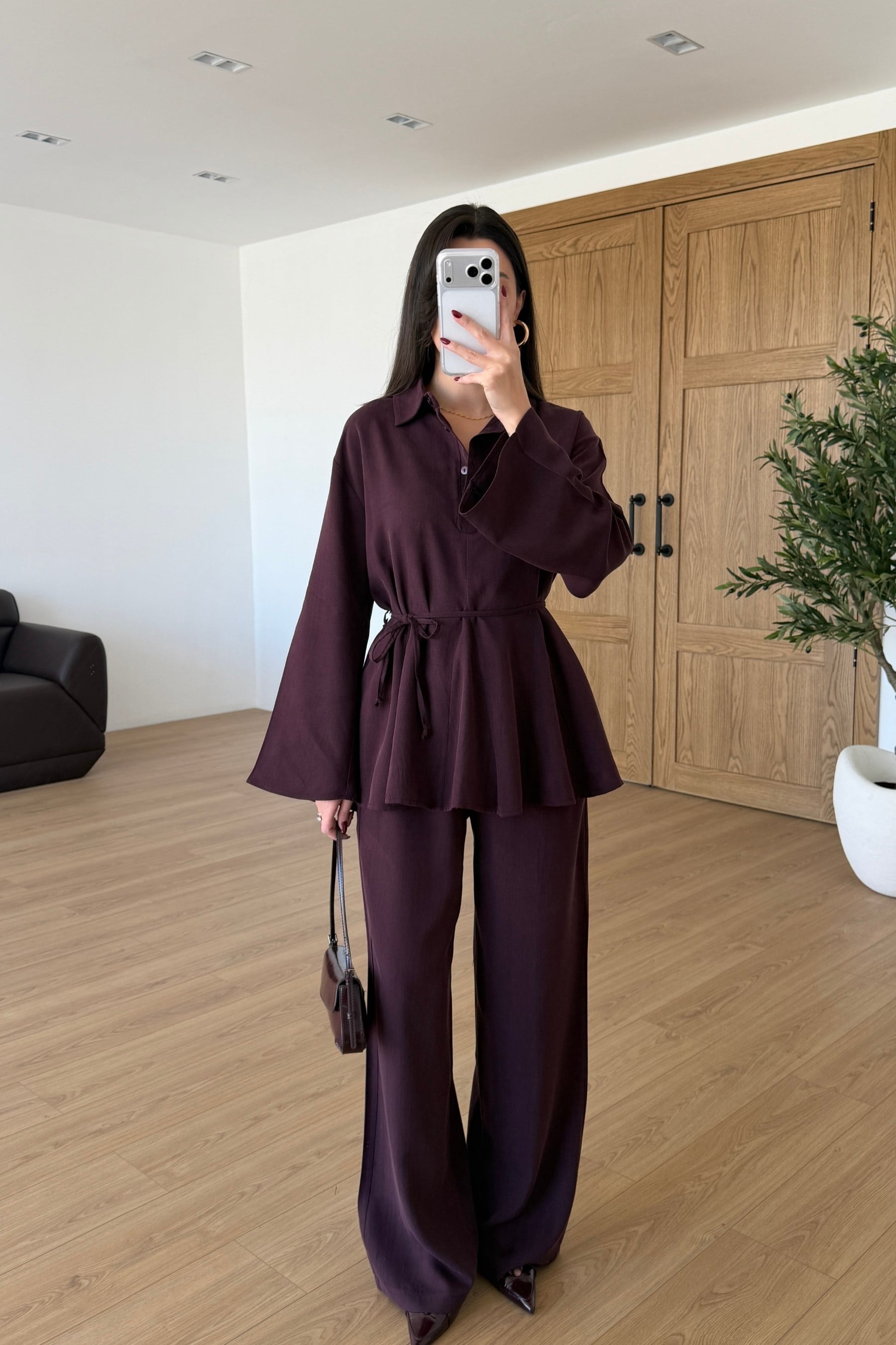 Alessa Mürdüm Volanlı Bluz Pantolon Takım