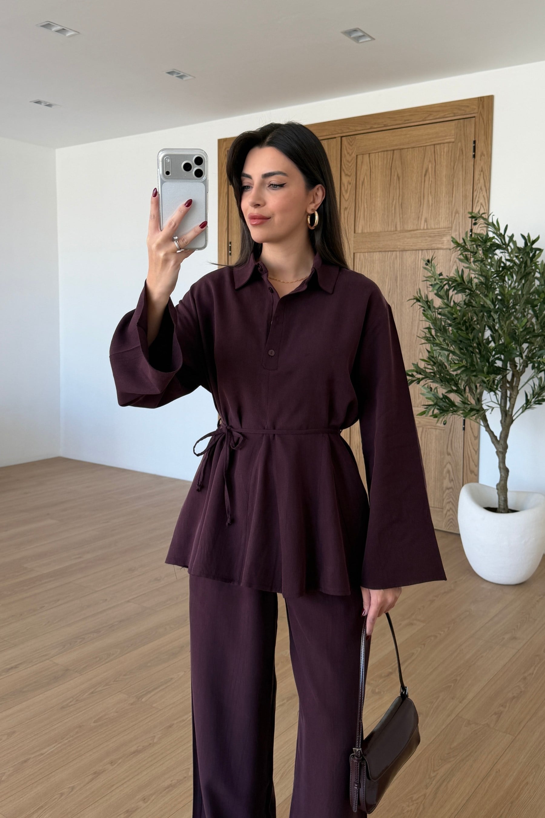 Alessa Mürdüm Volanlı Bluz Pantolon Takım