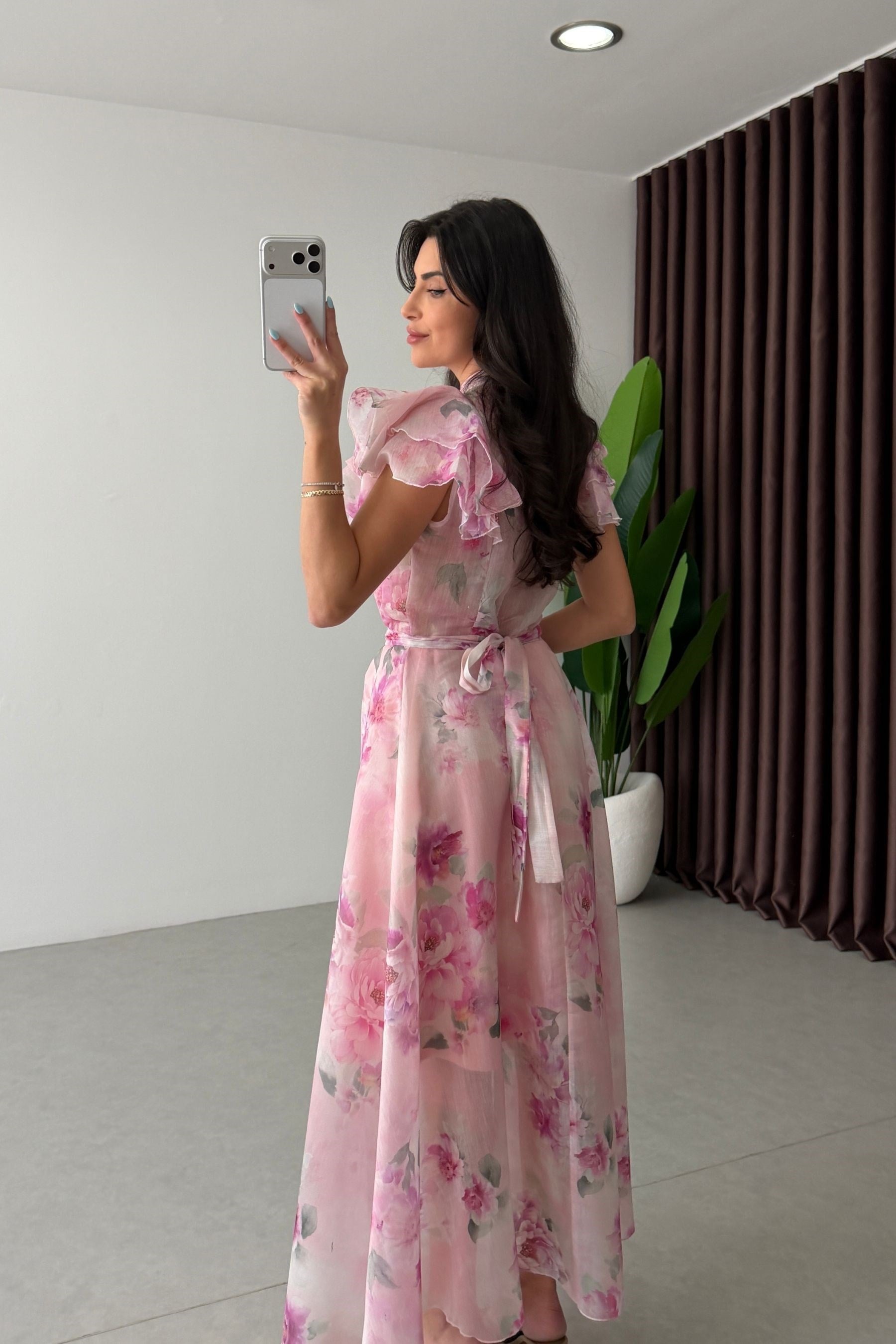 Angel Pembe Fırfırlı Kuşaklı Elbise