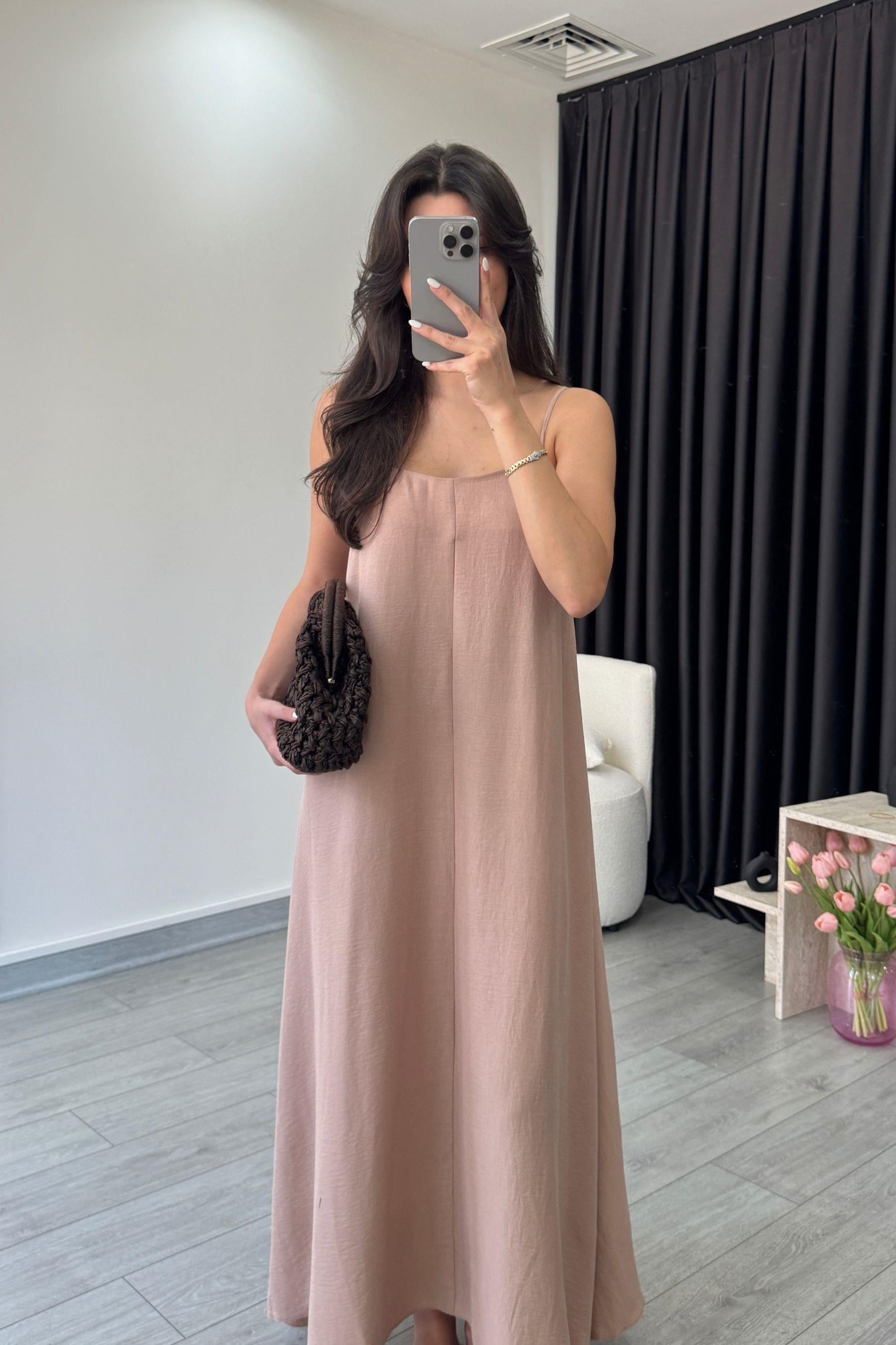 Aspen Bej Basic Askılı Elbise