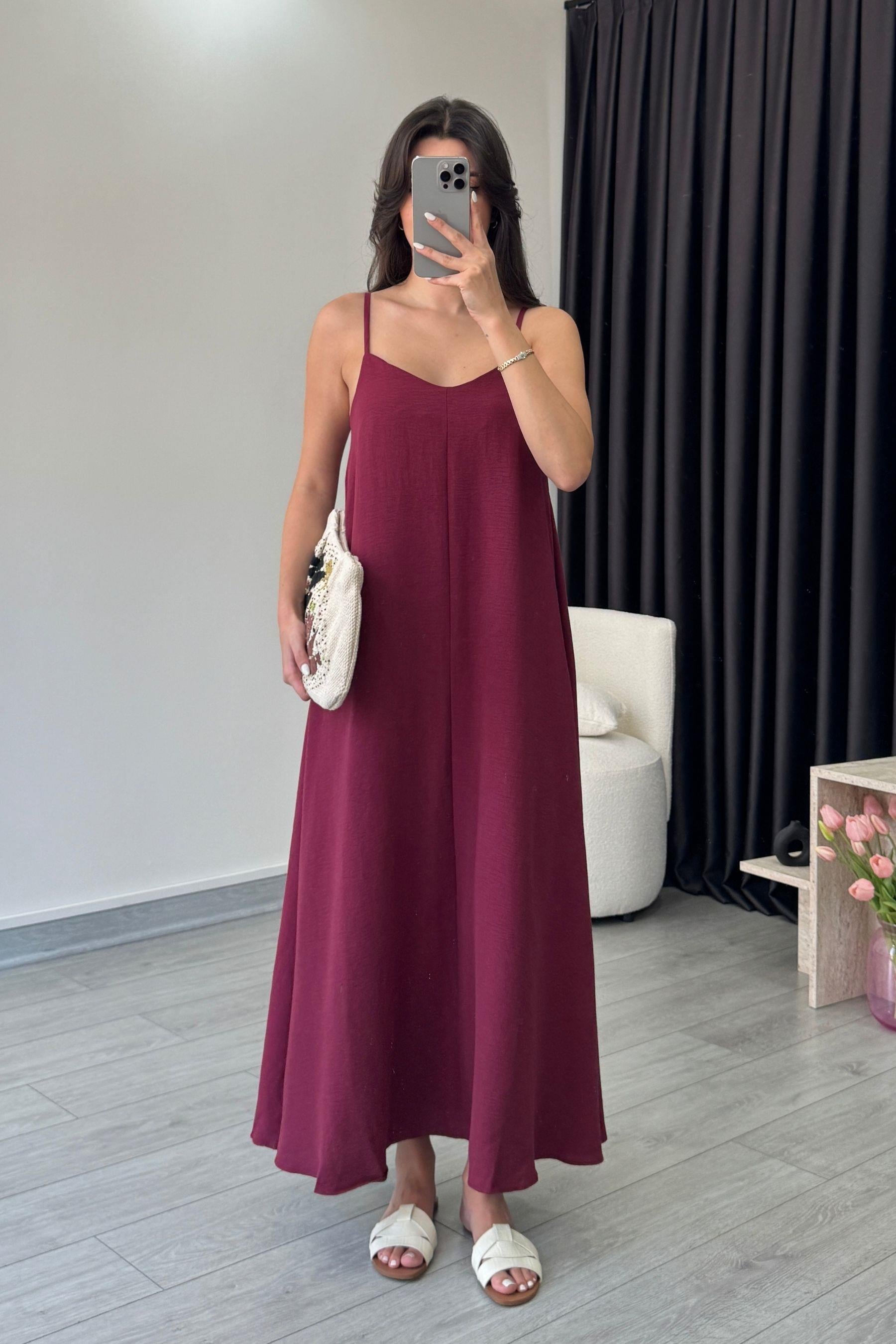 Aspen Bordo Basic Askılı Elbise