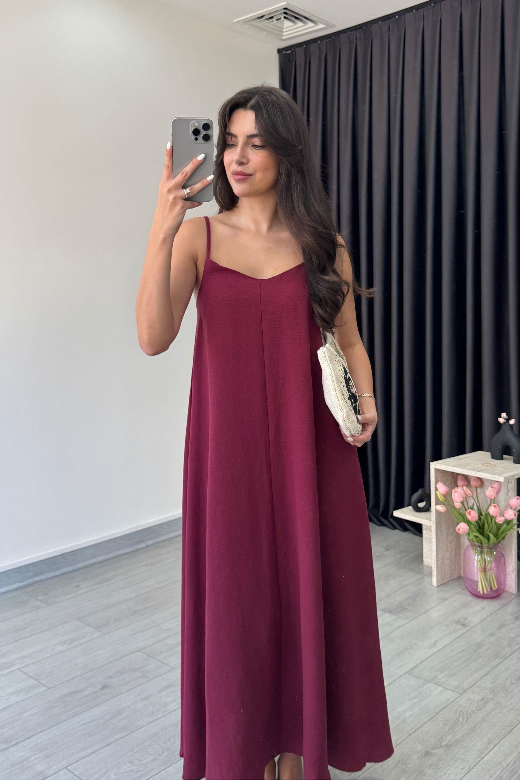 Aspen Bordo Basic Askılı Elbise