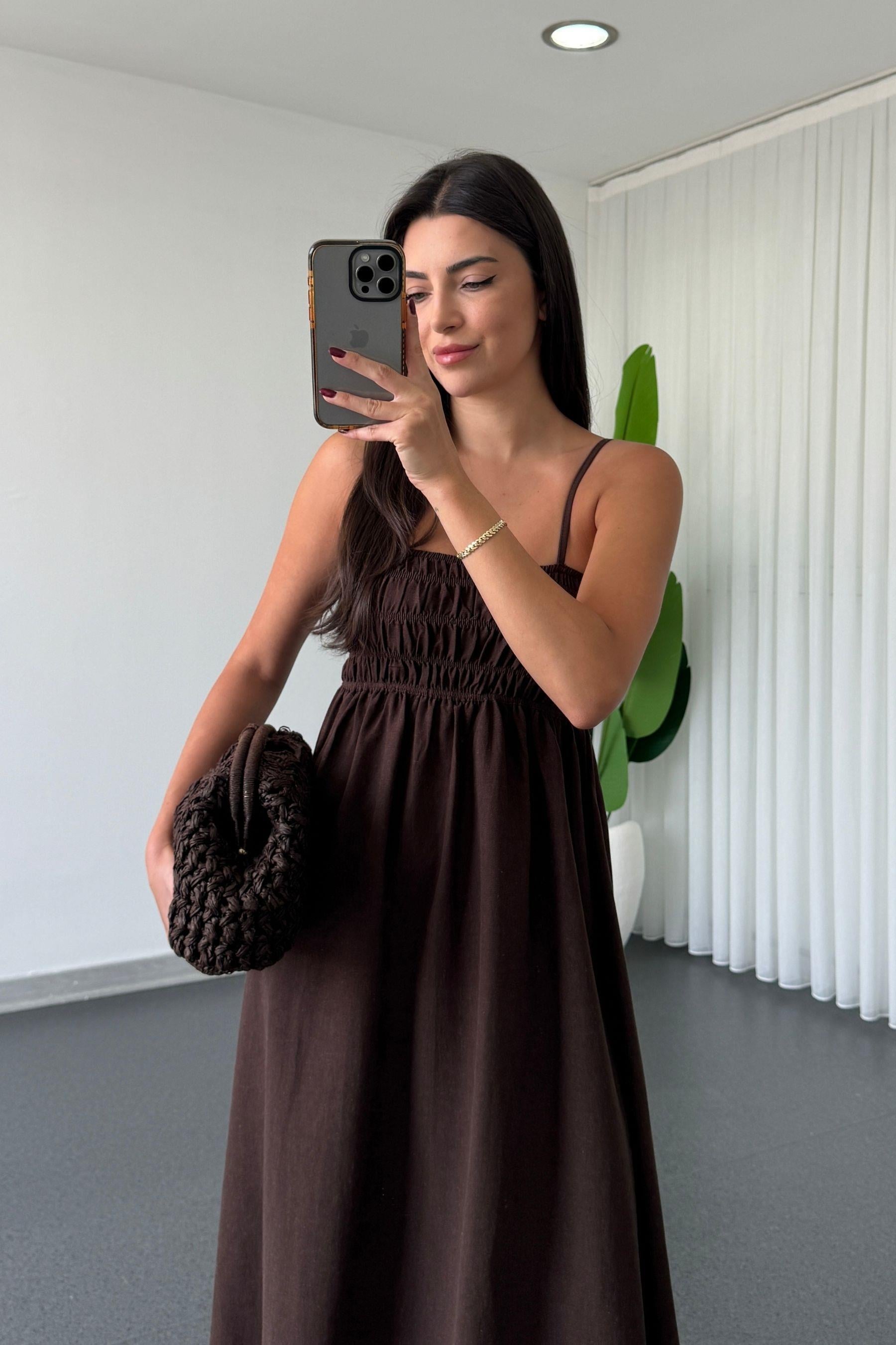 Besy Kahve Lastik Detay Basic Elbise