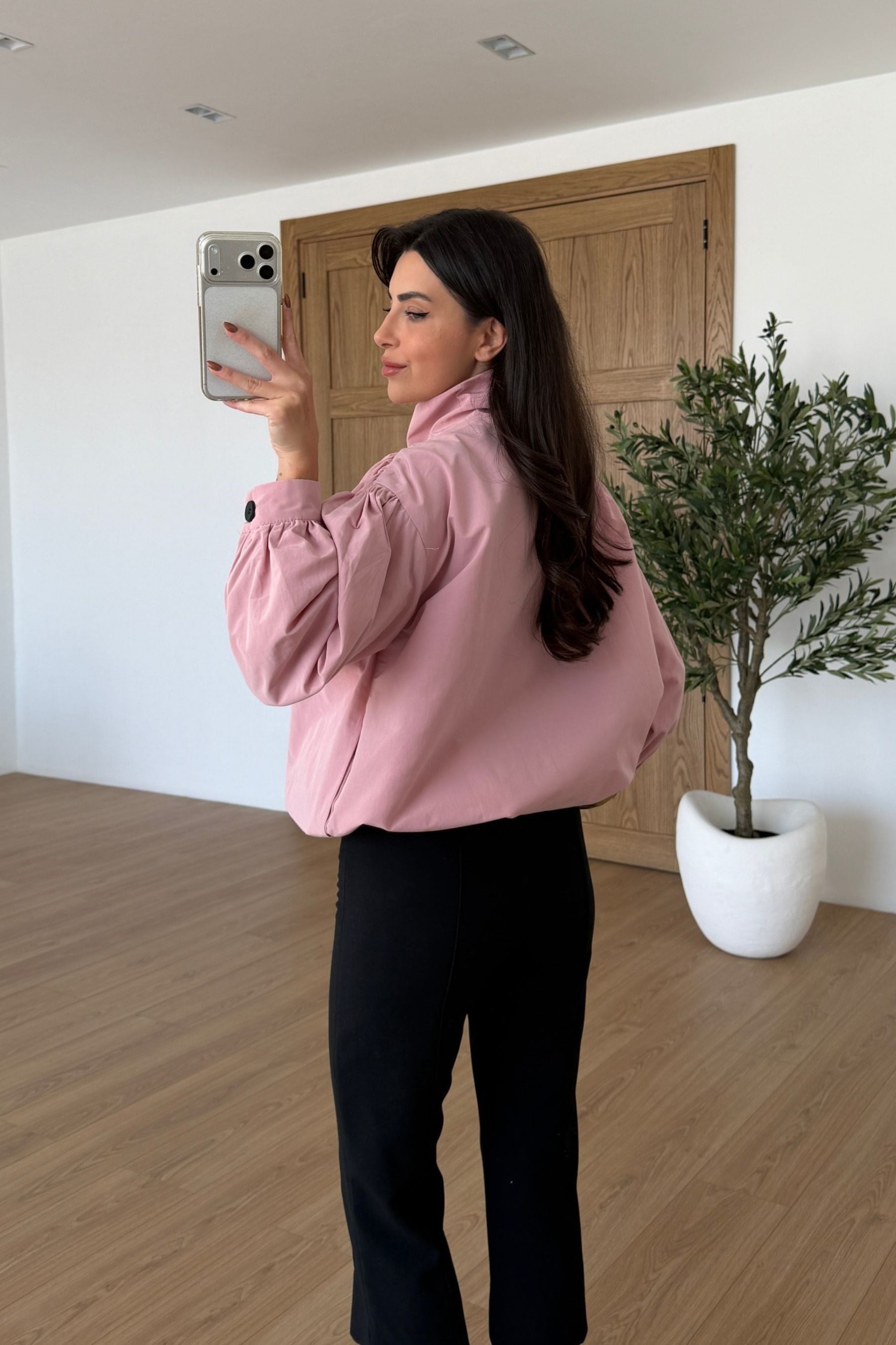 Besy Pembe Büzgü Detay Bomber Ceket