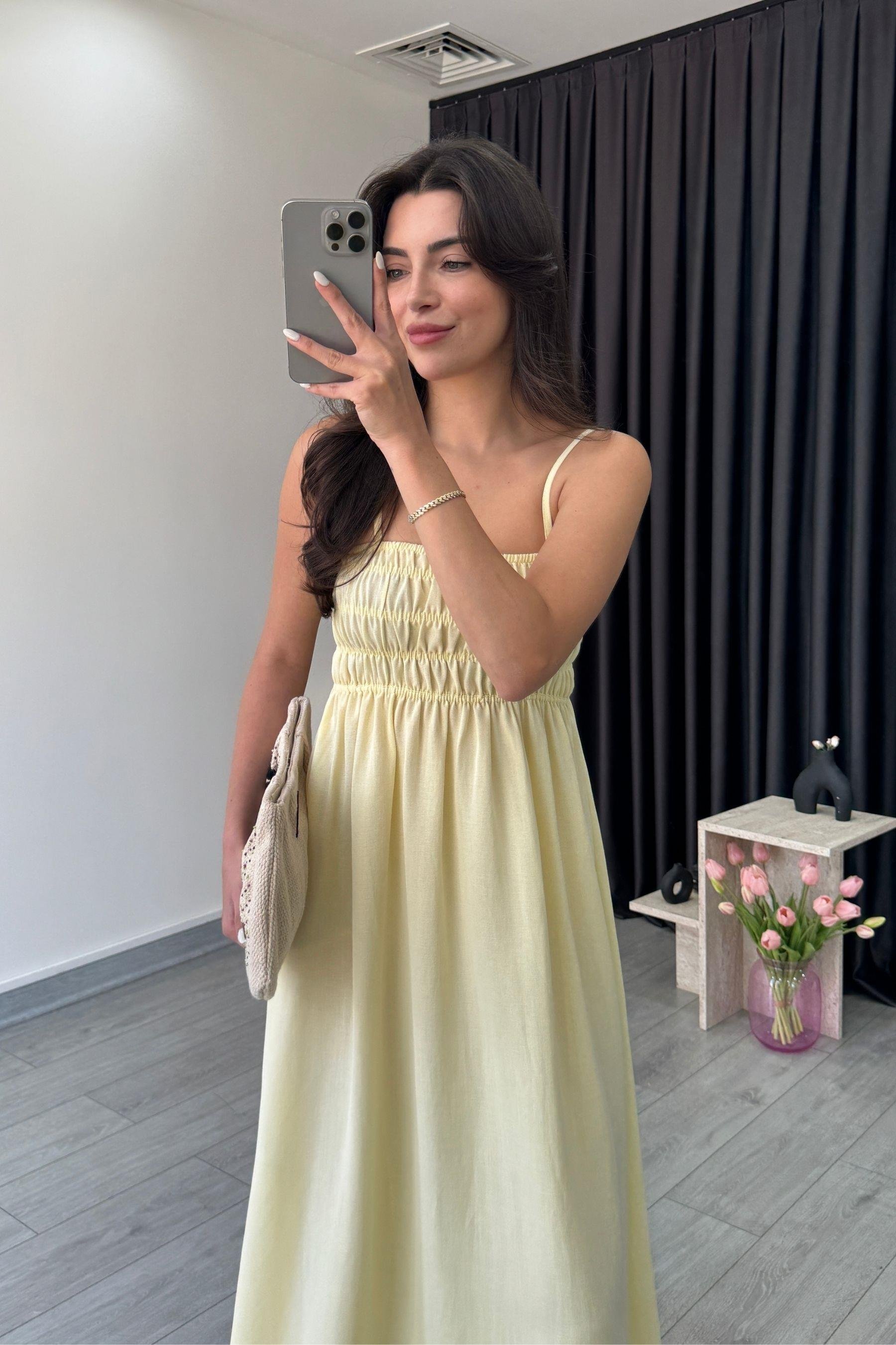 Besy Sarı Lastik Detay Basic Elbise