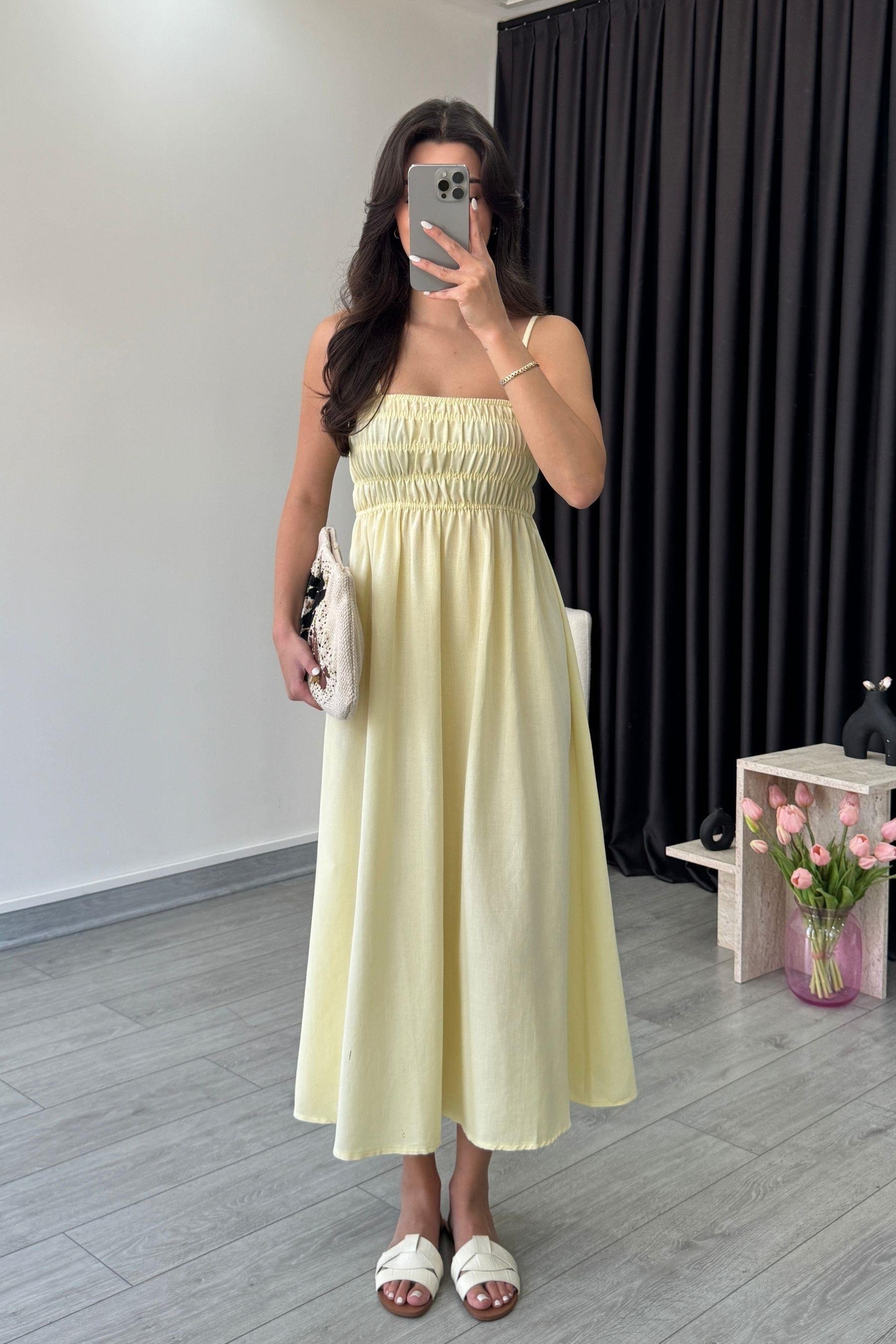 Besy Sarı Lastik Detay Basic Elbise
