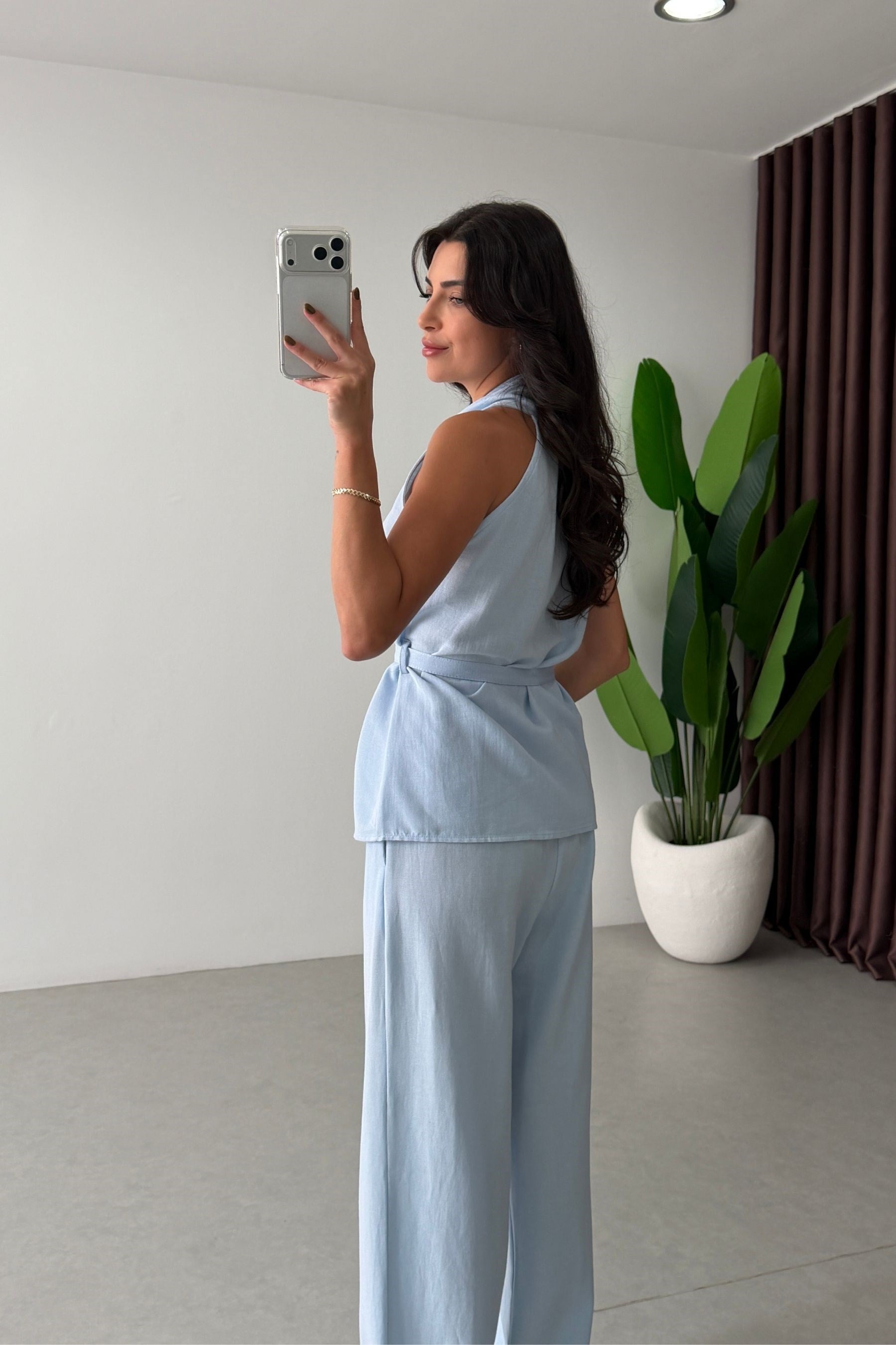 Boho Mavi Kuşaklı Keten Takım