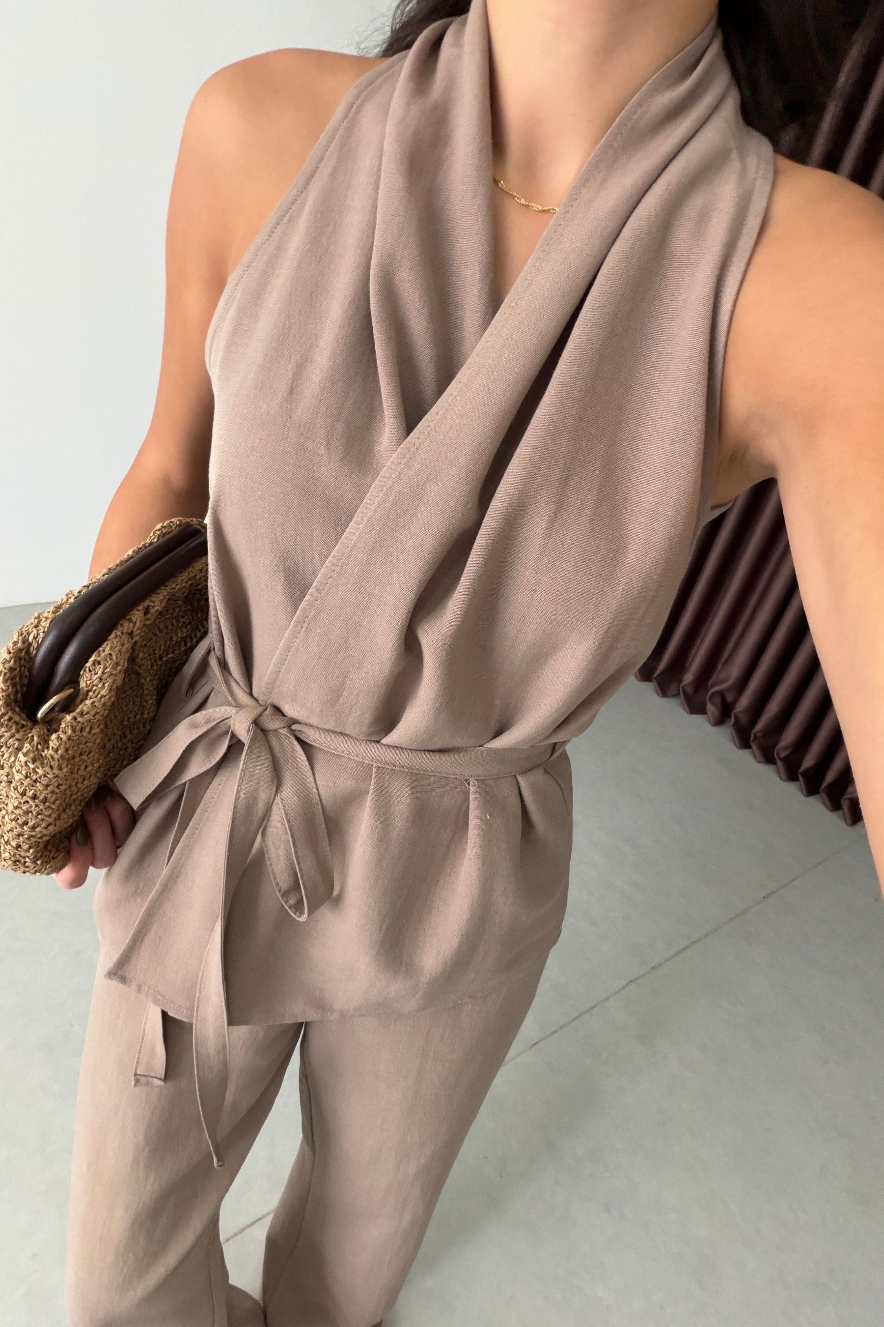 Boho Vizon Kuşaklı Keten Takım