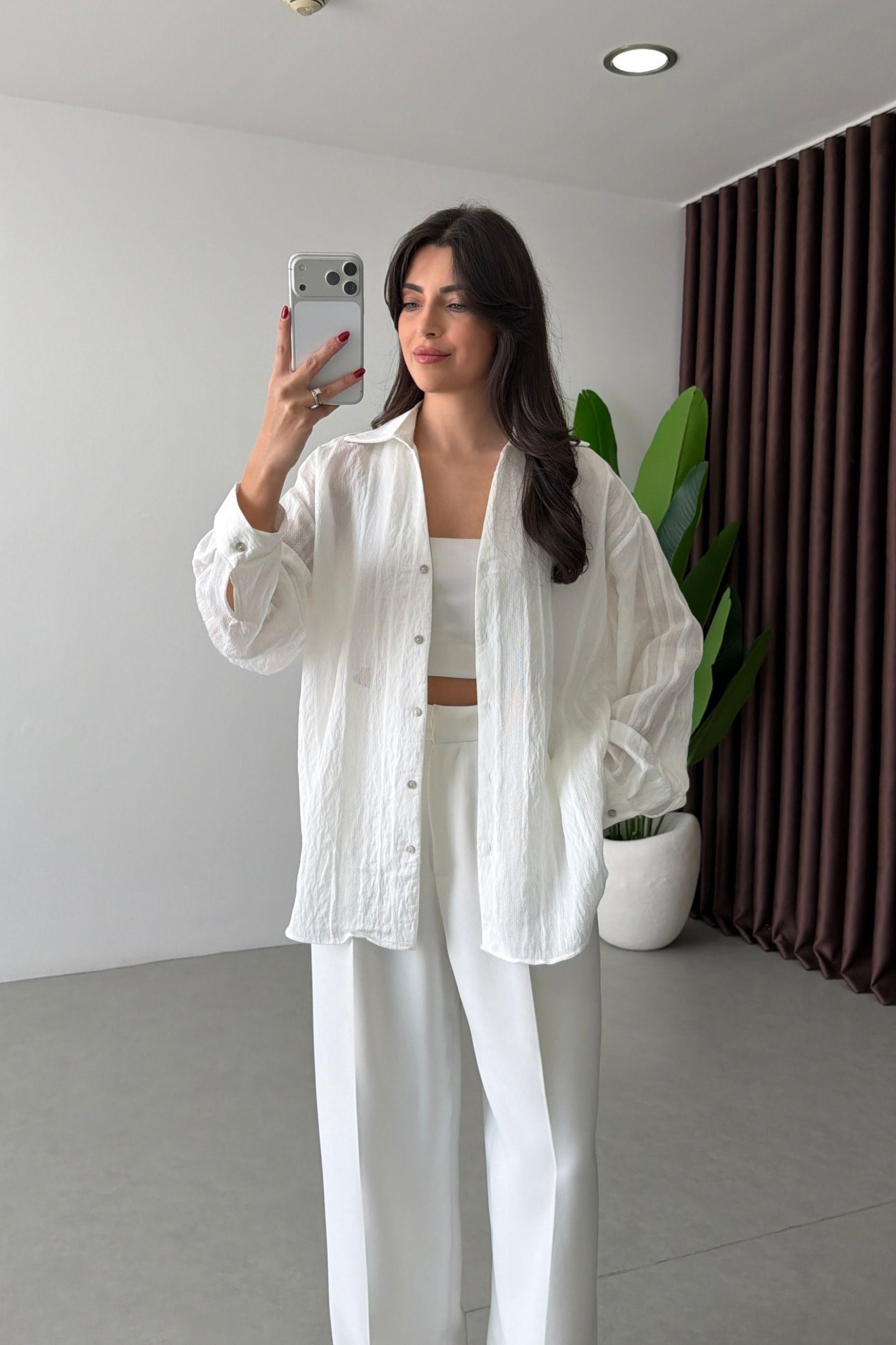 Bosy Beyaz Dokulu Oversize Gömlek