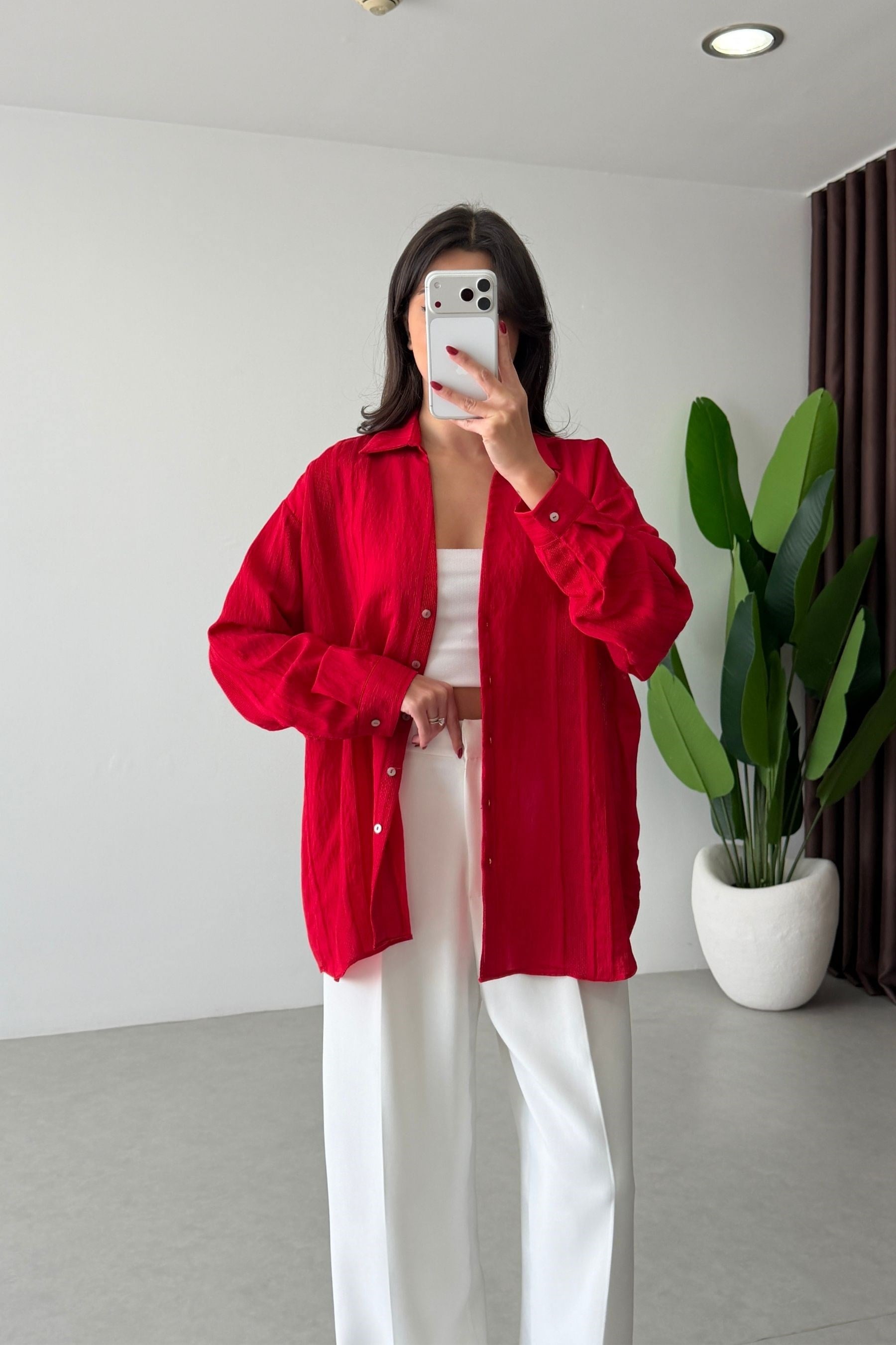 Bosy Kırmızı Dokulu Oversize Gömlek