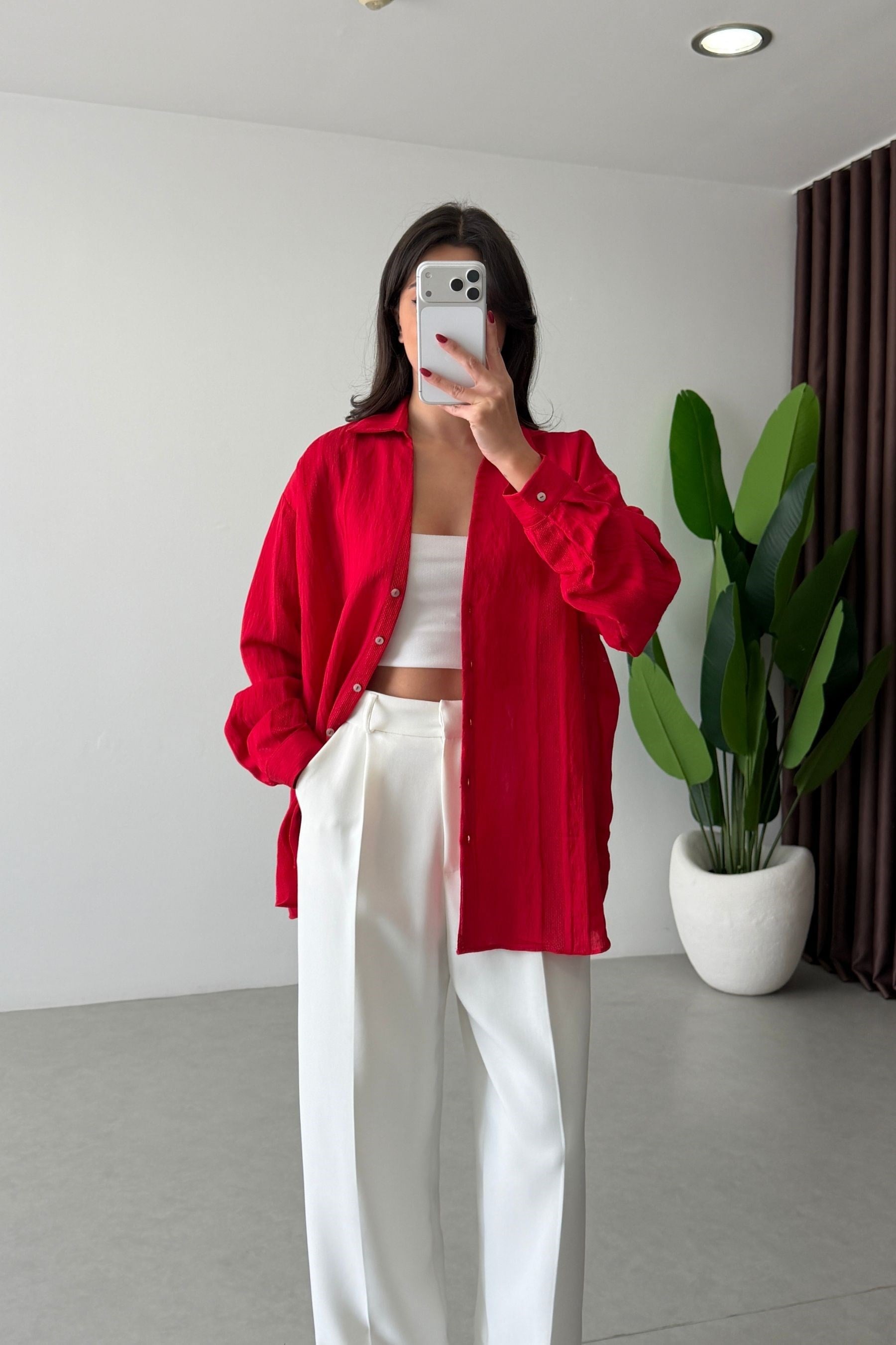 Bosy Kırmızı Dokulu Oversize Gömlek
