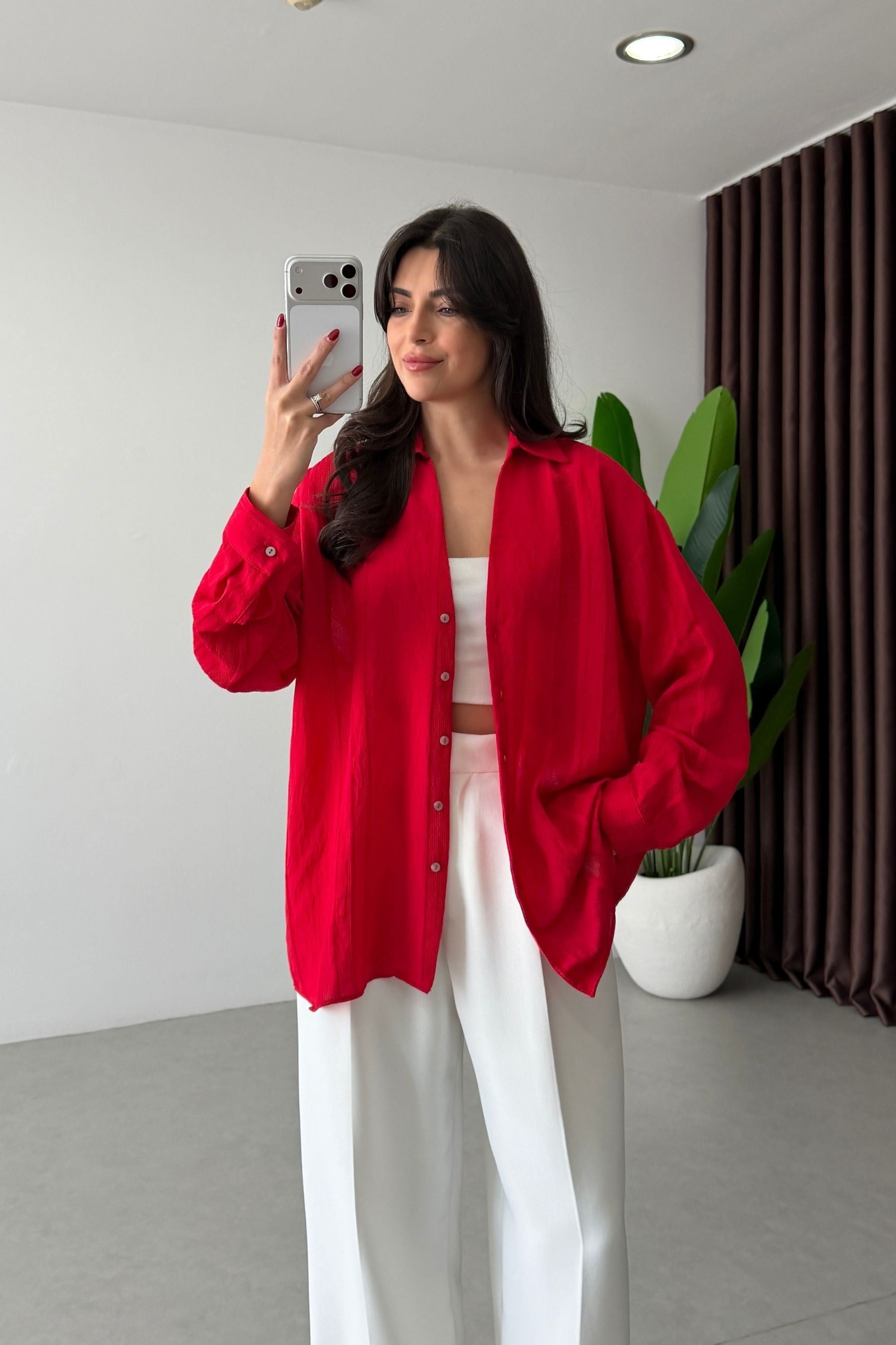 Bosy Kırmızı Dokulu Oversize Gömlek