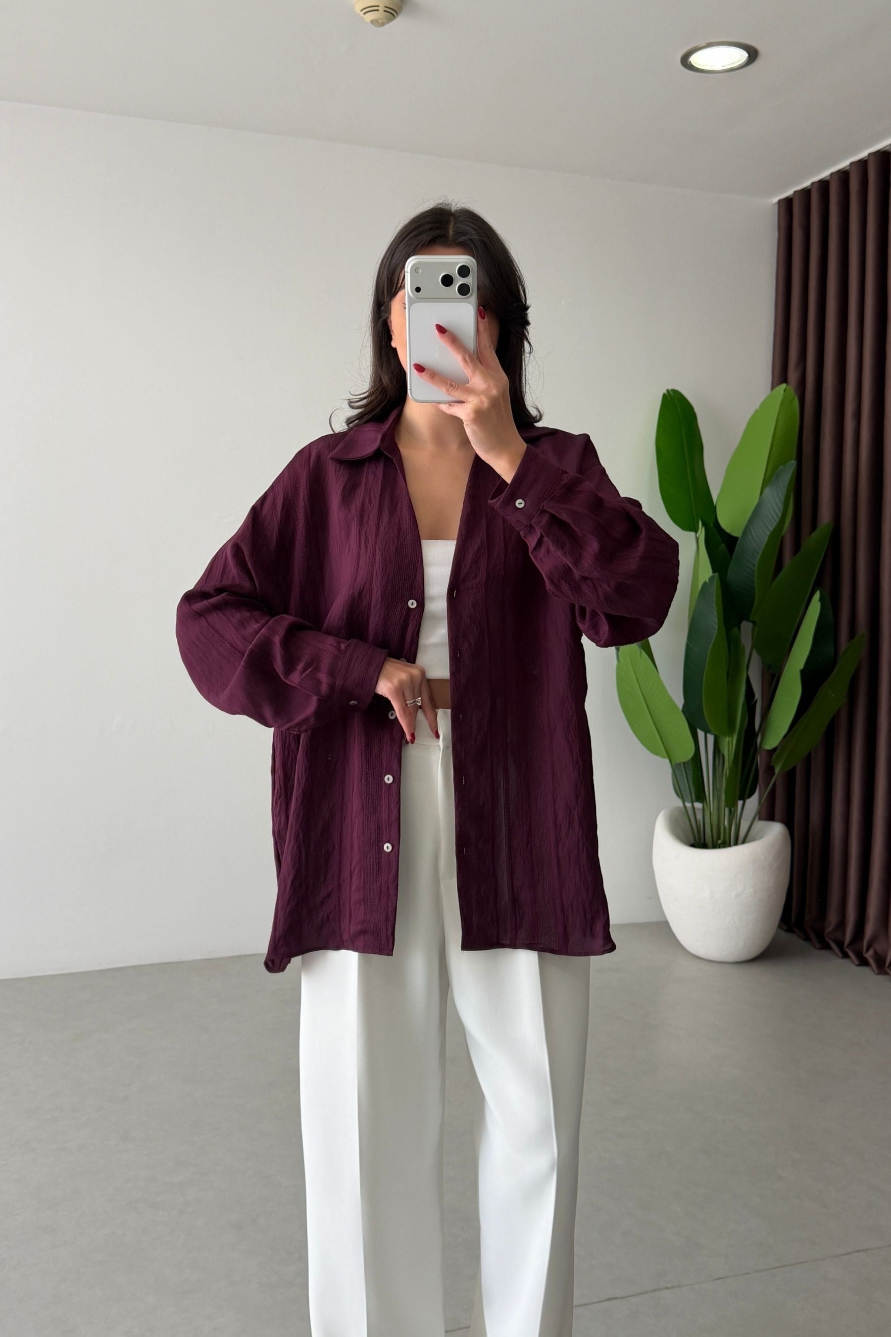 Bosy Mürdüm Dokulu Oversize Gömlek