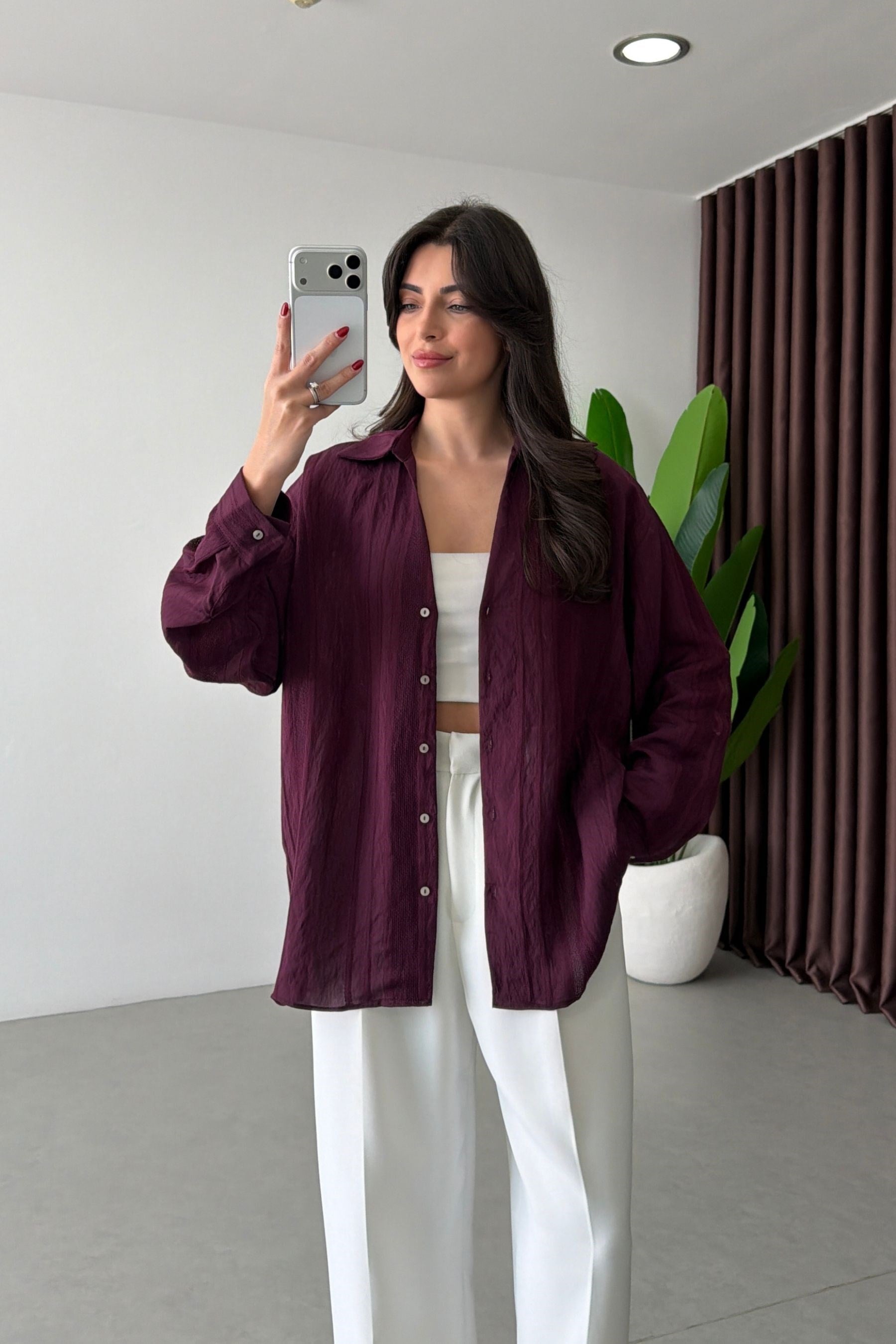 Bosy Mürdüm Dokulu Oversize Gömlek