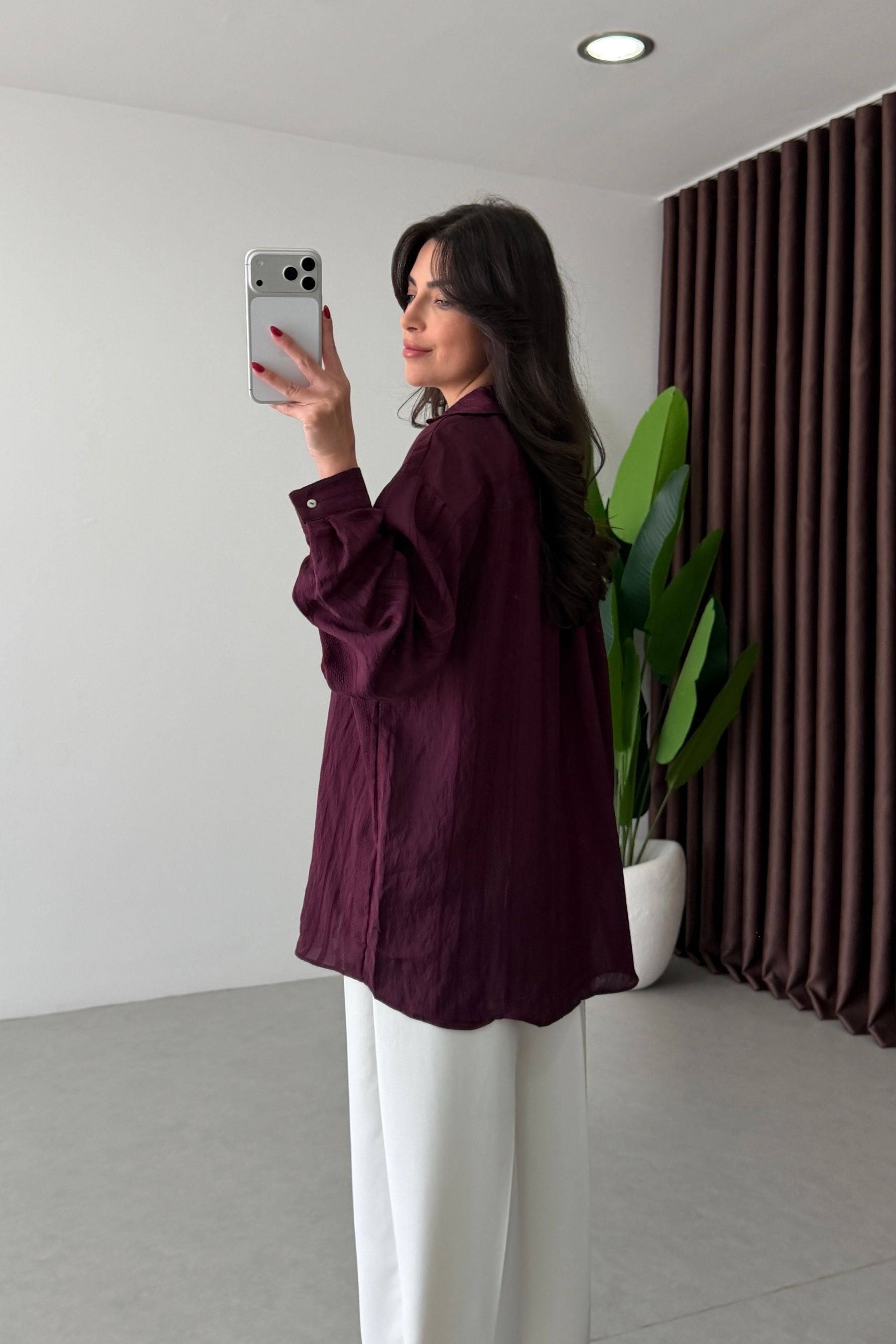 Bosy Mürdüm Dokulu Oversize Gömlek