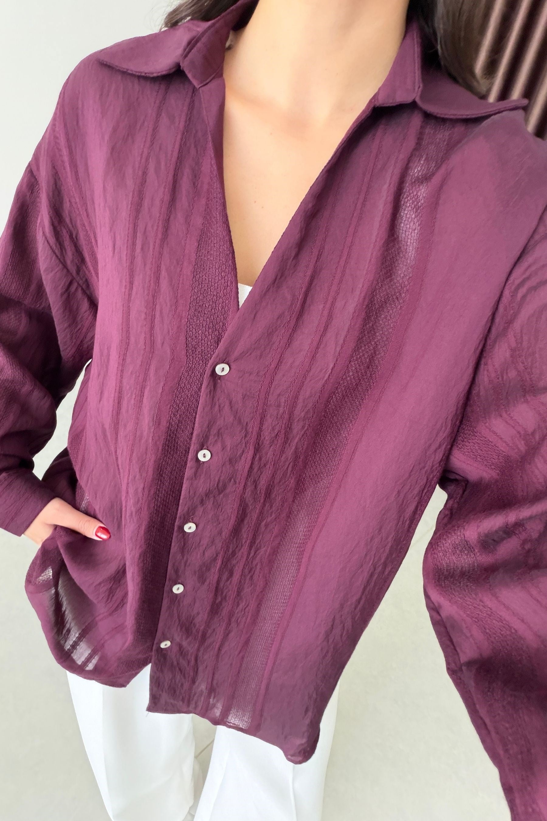 Bosy Mürdüm Dokulu Oversize Gömlek