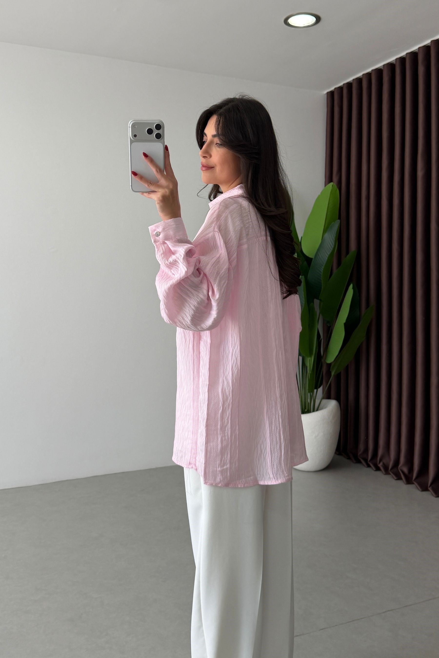 Bosy Pembe Dokulu Oversize Gömlek