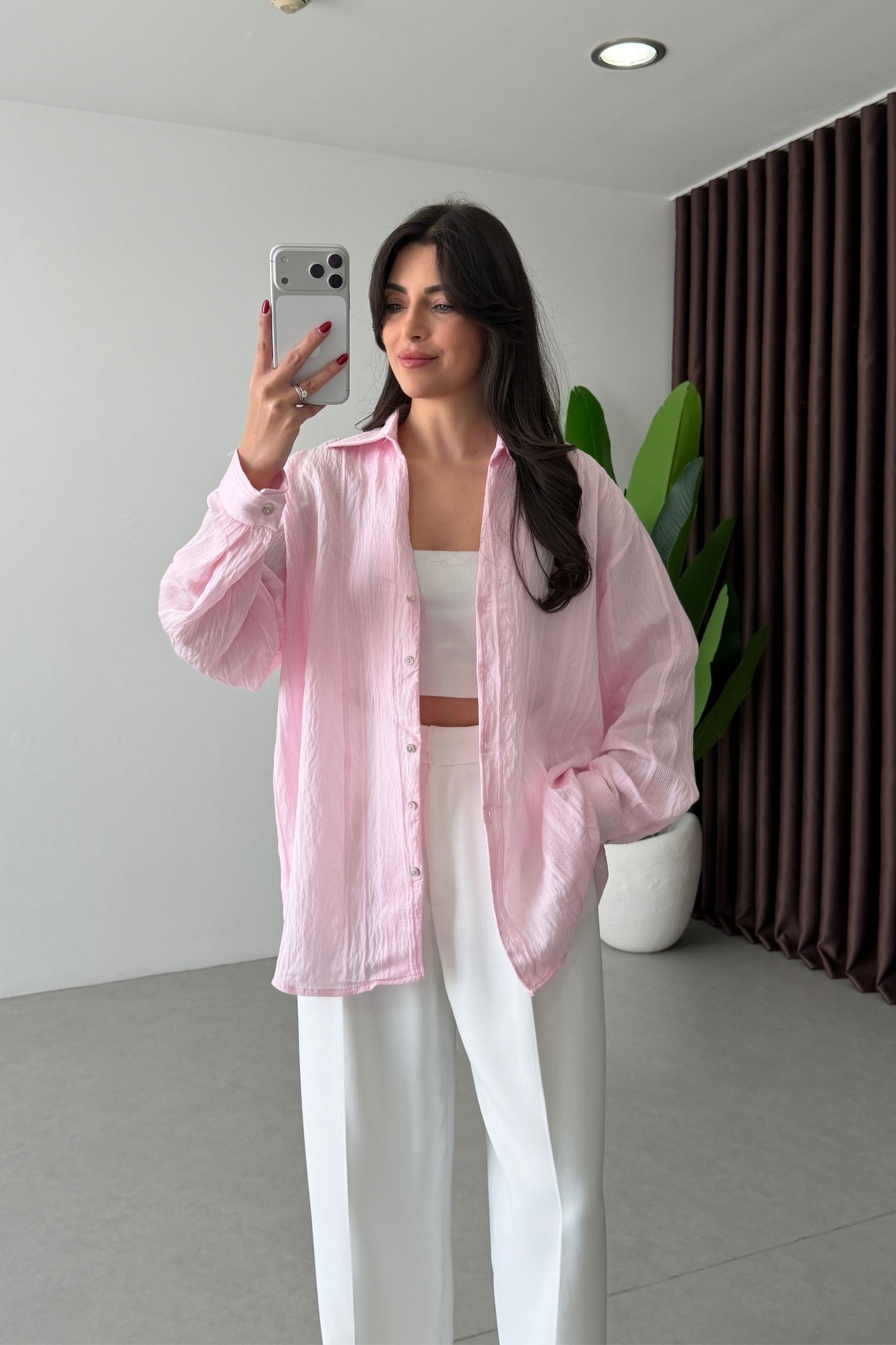 Bosy Pembe Dokulu Oversize Gömlek