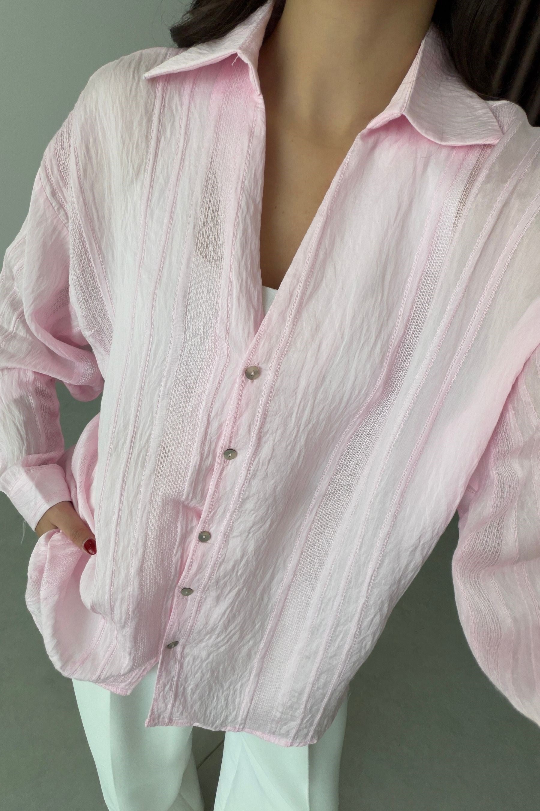 Bosy Pembe Dokulu Oversize Gömlek
