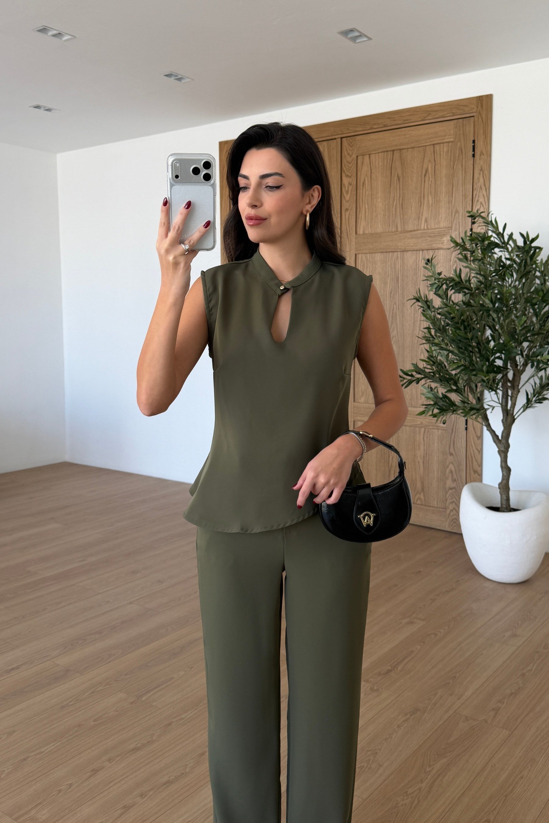 Breeze Haki Krep Kumaş Bluz Pantolon Takım