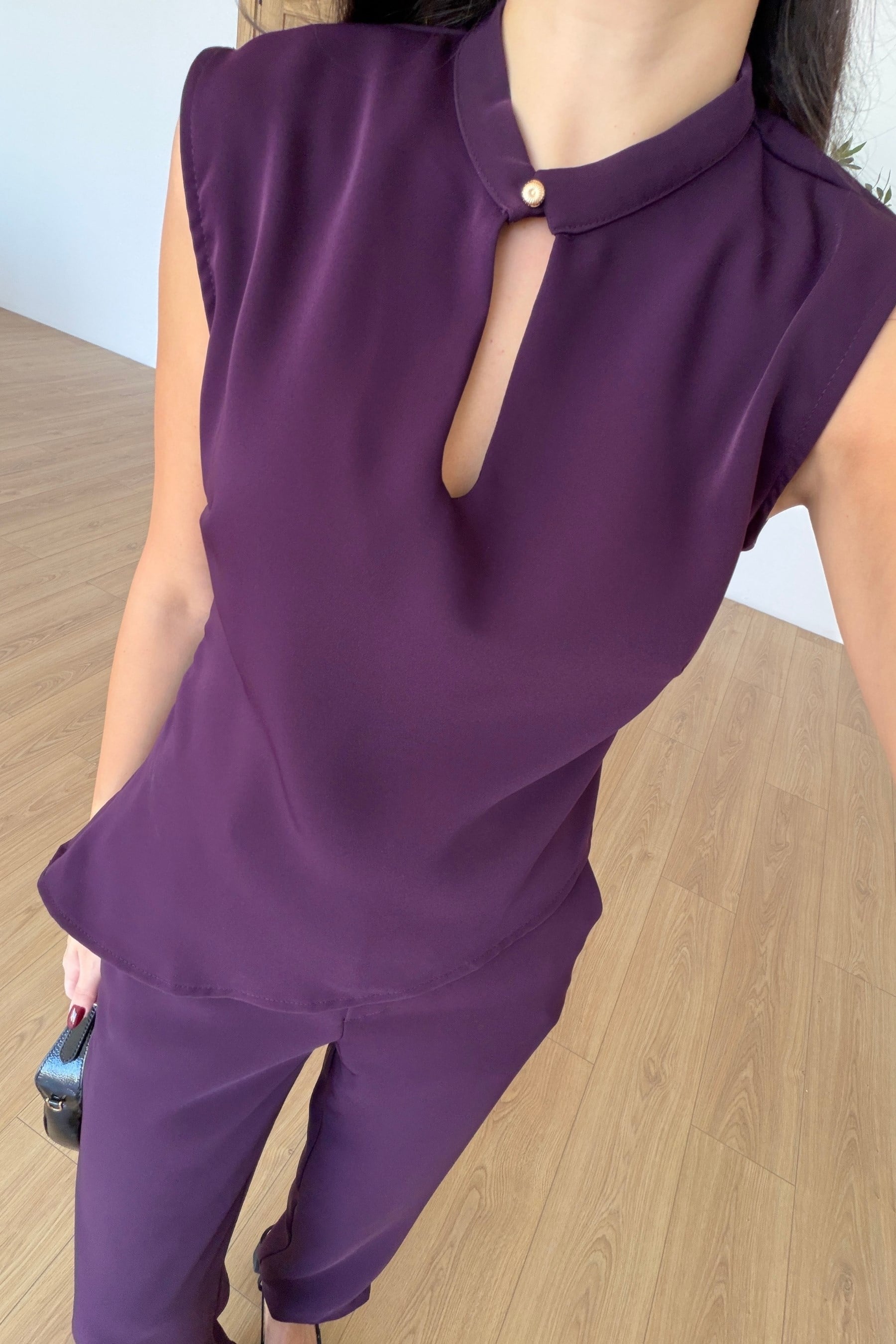 Breeze Mürdüm Krep Kumaş Bluz Pantolon Takım
