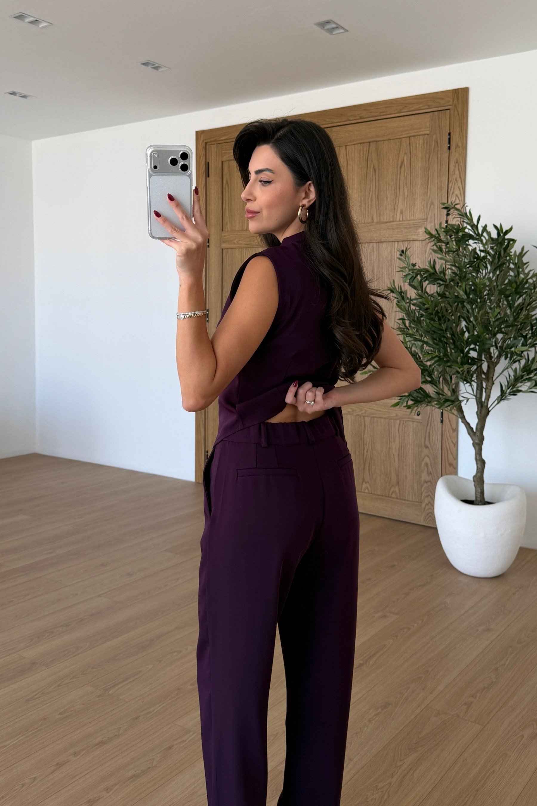 Breeze Mürdüm Krep Kumaş Bluz Pantolon Takım