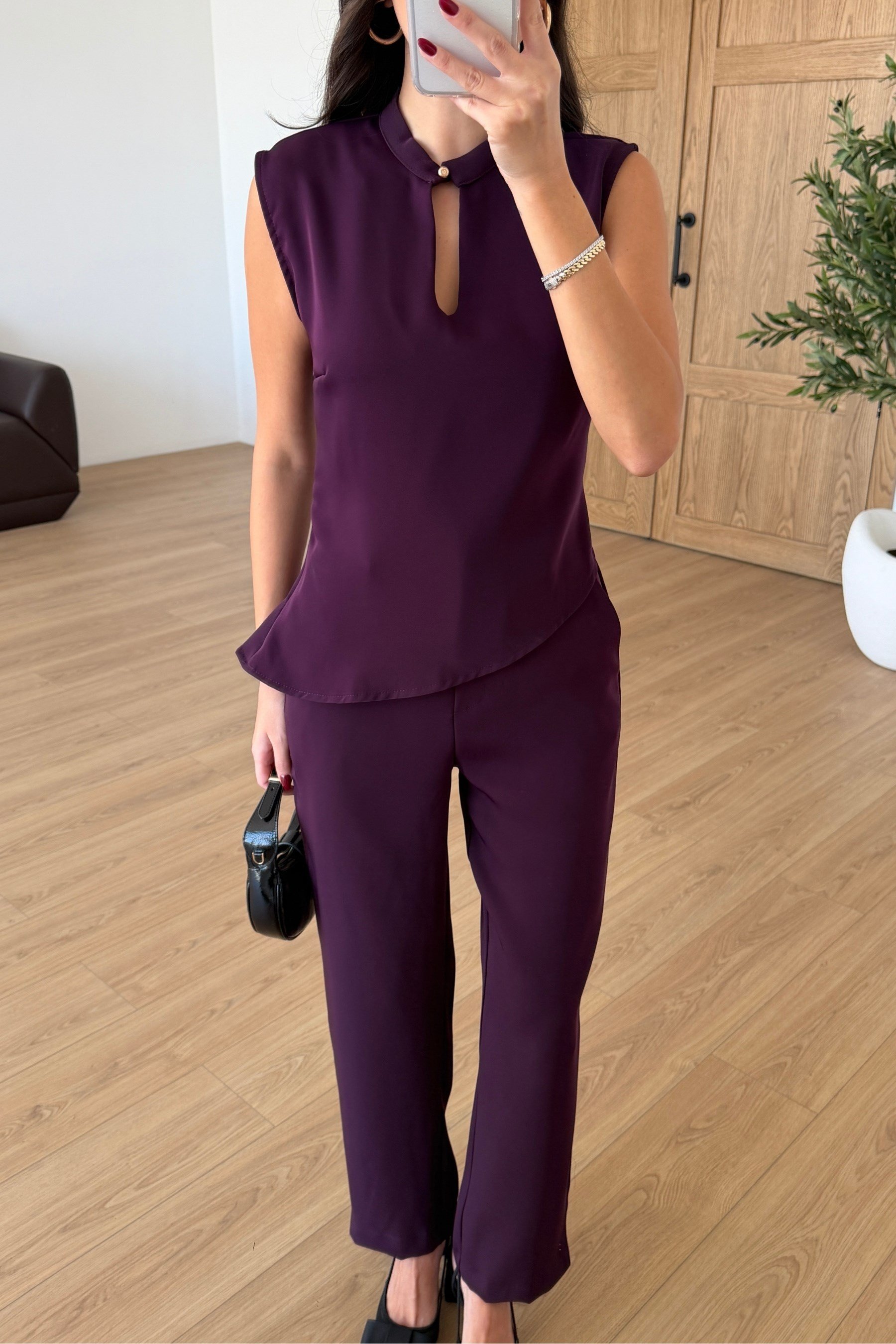 Breeze Mürdüm Krep Kumaş Bluz Pantolon Takım